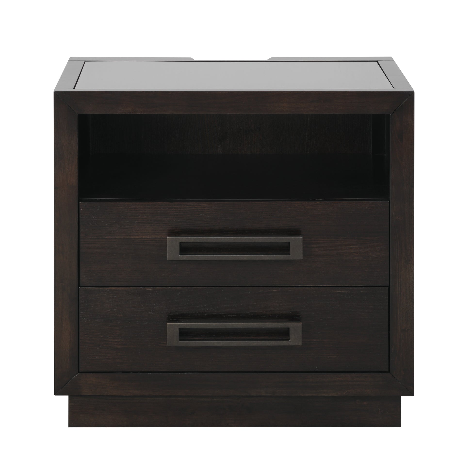Dark wood nightstand with two drawers and open shelf