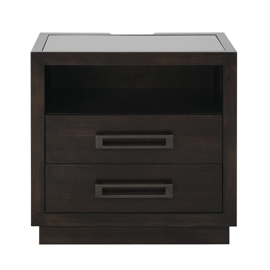 Dark wood nightstand with two drawers and open shelf