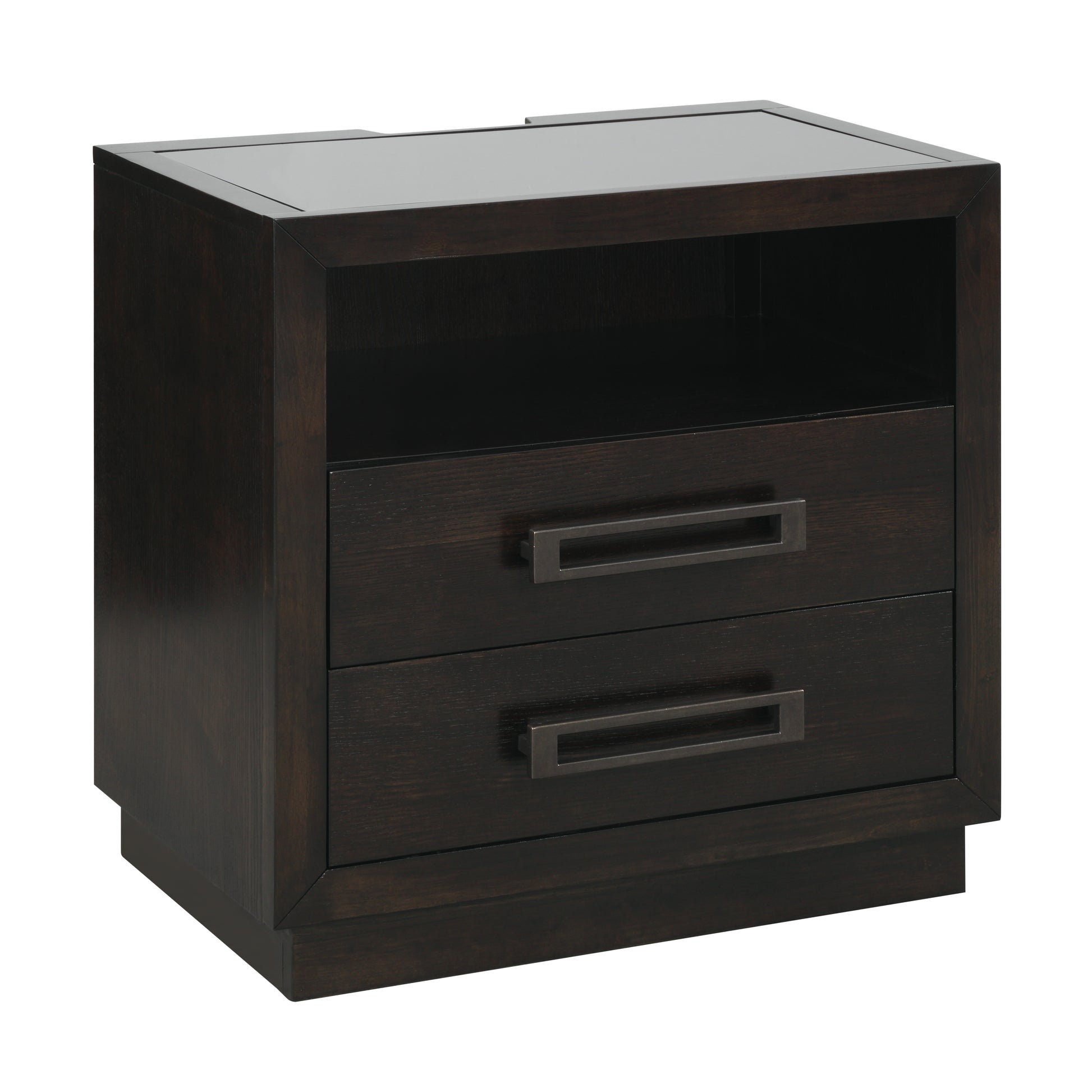 Dark wood nightstand with two drawers and open shelf