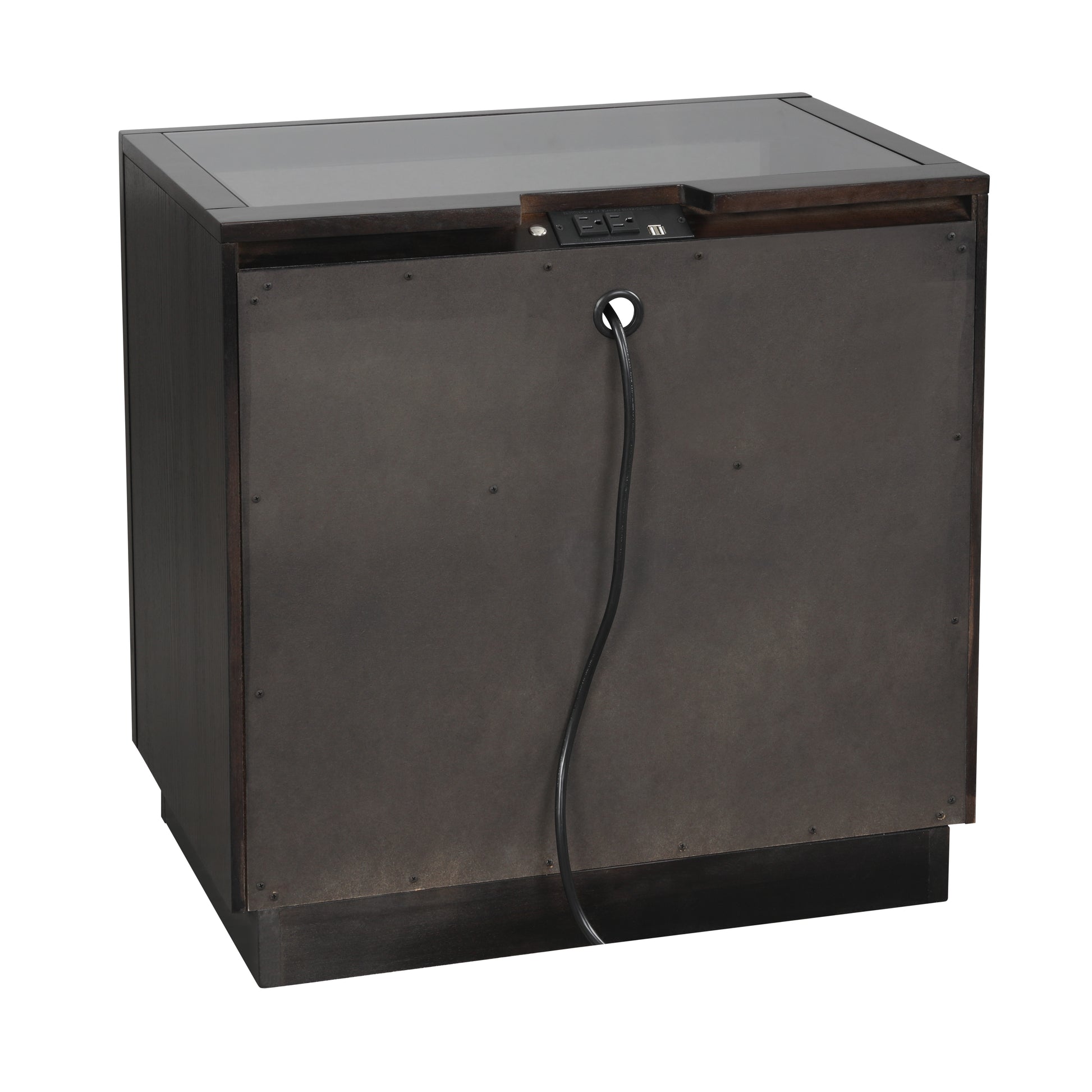 Dark wood bedside table with integrated power outlet and USB port
