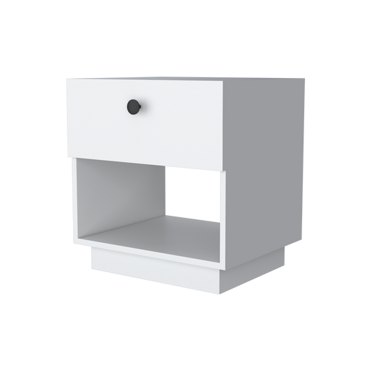 Modern white nightstand with one drawer and open shelf