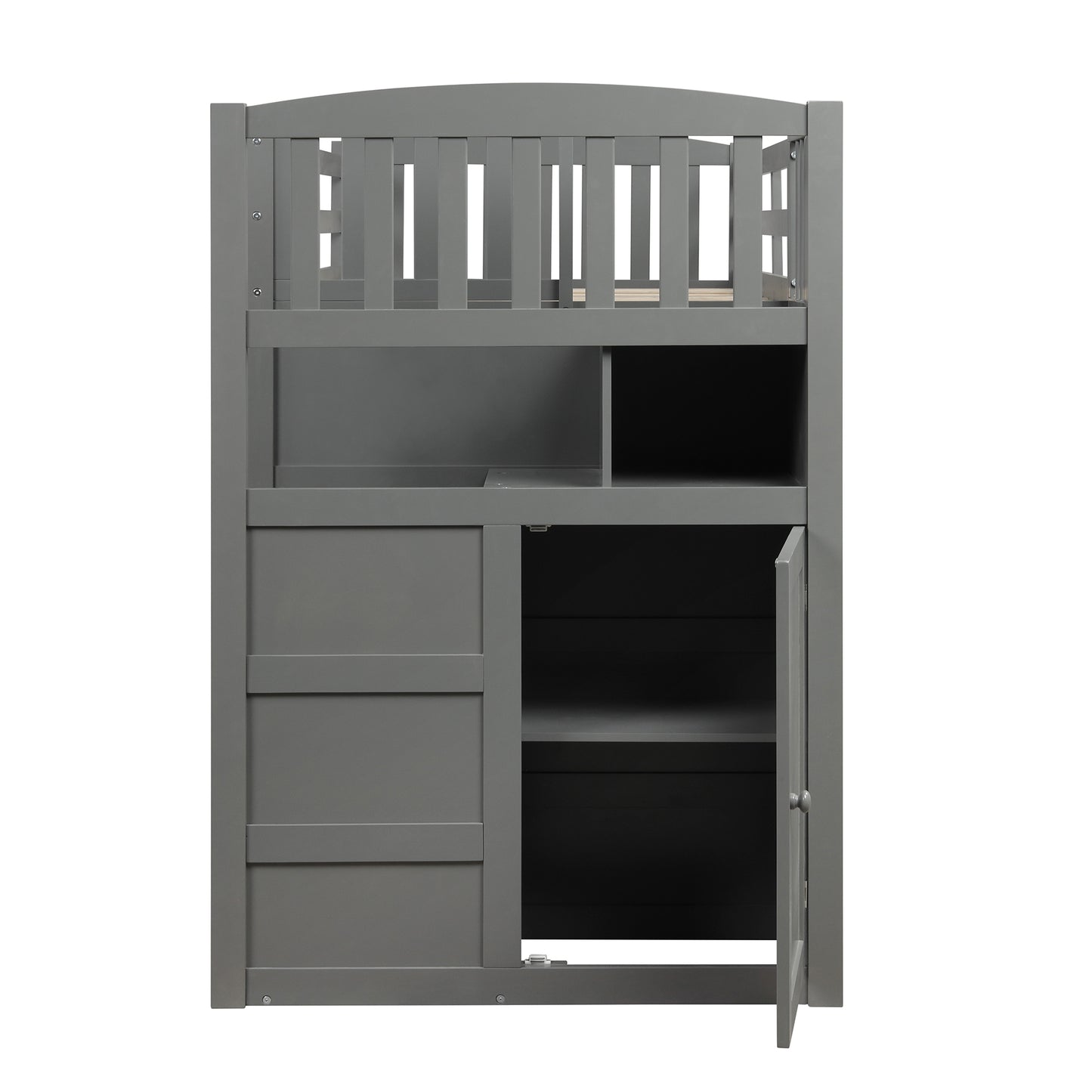 Grey wooden loft bed with integrated desk and open cabinet doors