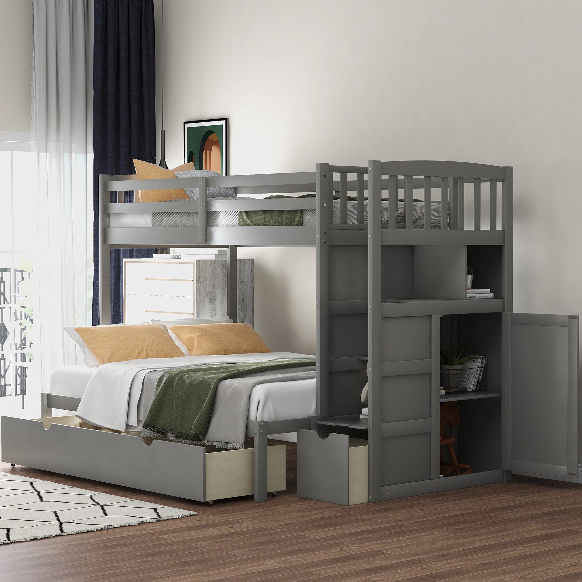 Grey wooden bunk bed with builtin storage drawers and shelving