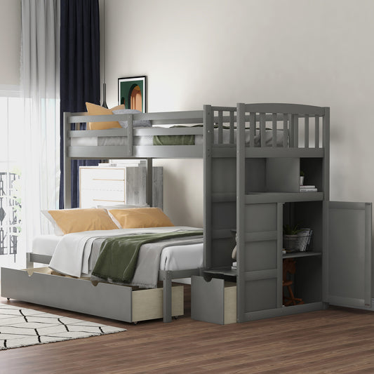 Grey wooden bunk bed with builtin storage drawers and shelving