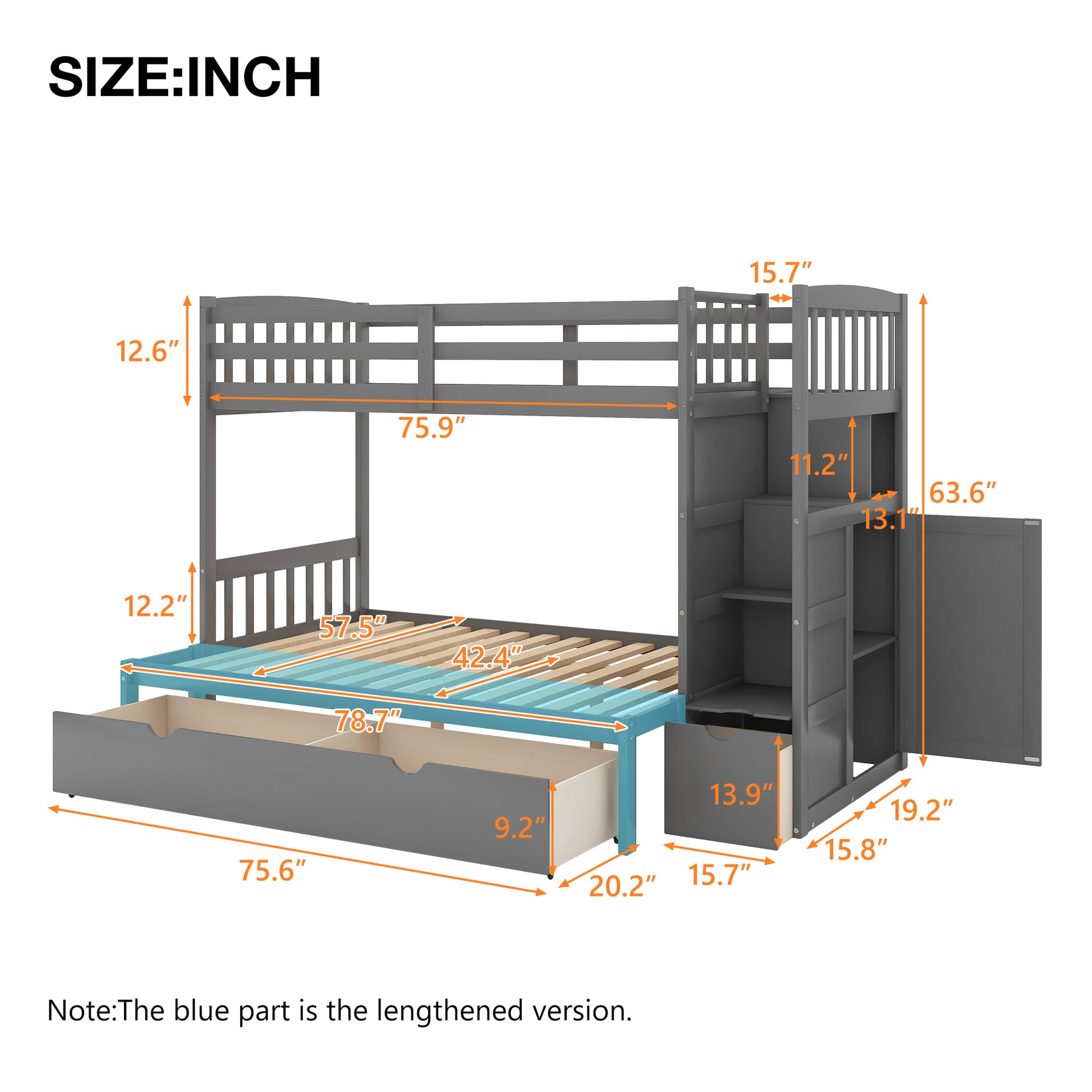 Gray wooden bunk bed with stairs storage drawers and dimensions labeled
