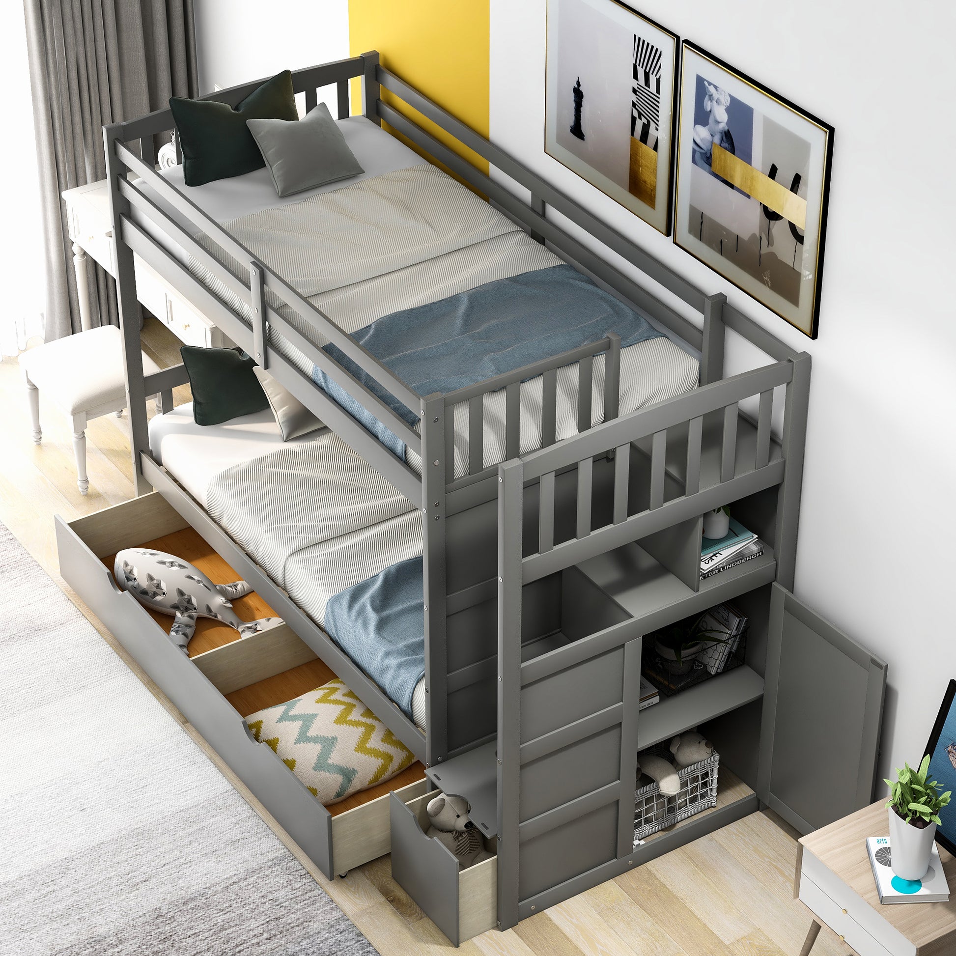 Gray wooden bunk bed with drawers and storage shelves ideal for kids rooms