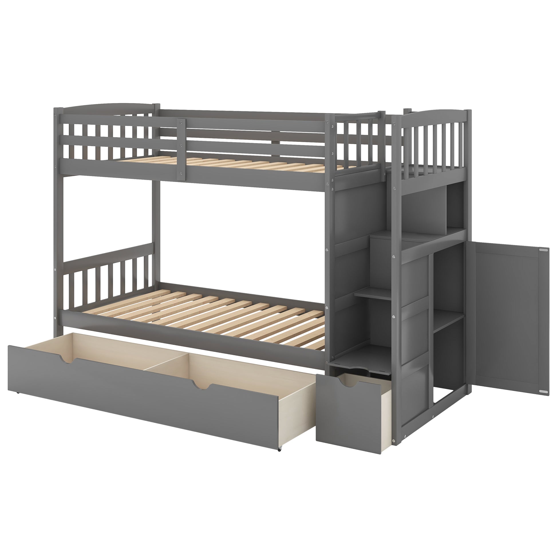 Gray wooden bunk bed with staircase storage drawers and cabinet