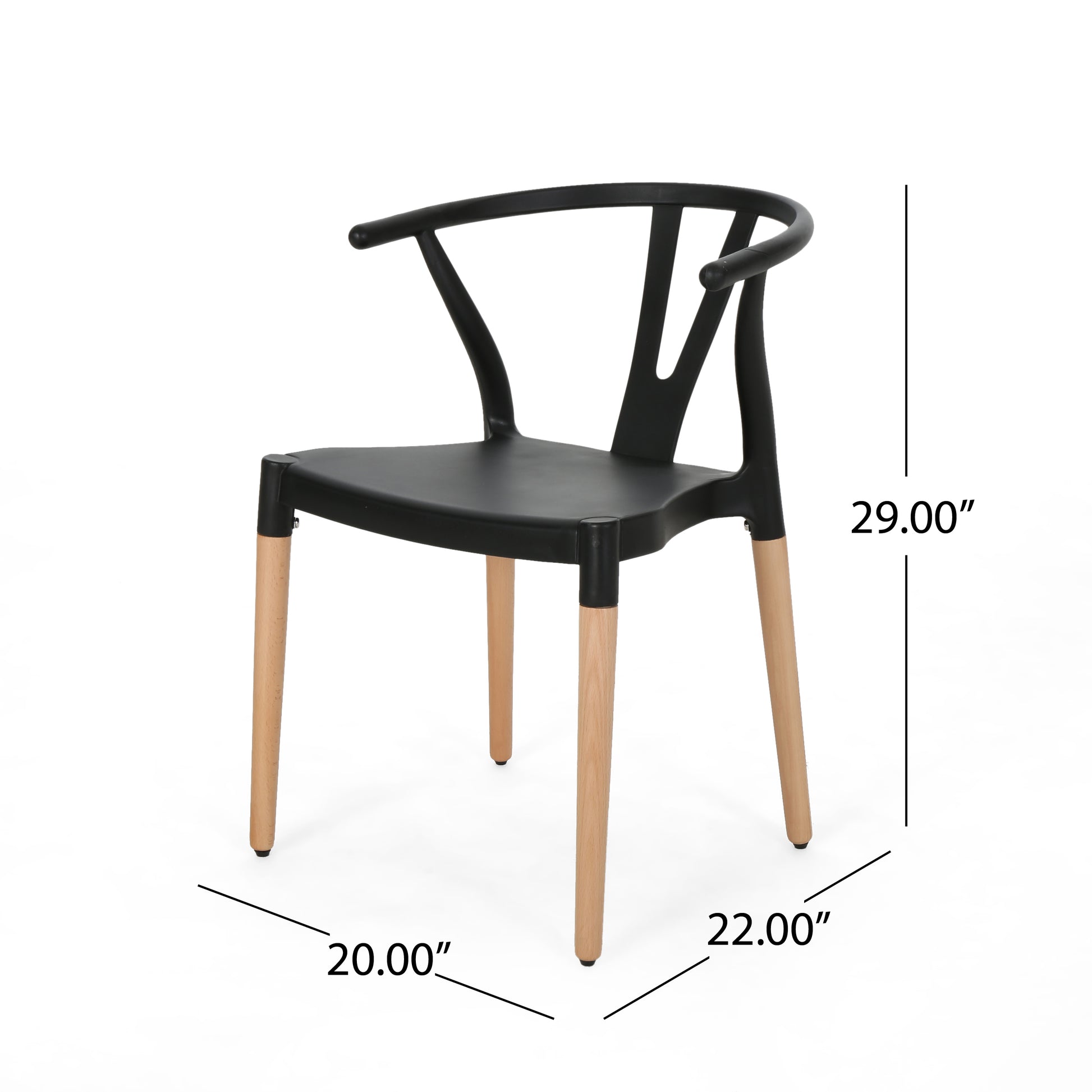 Black Wishbone dining chair with natural wood legs and curved backrest