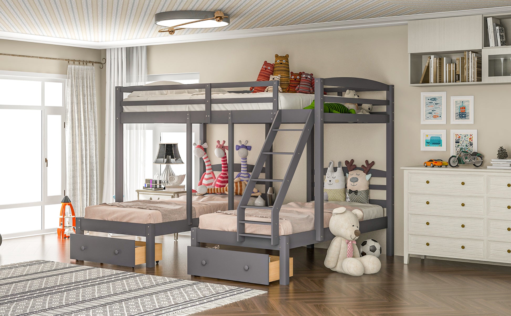 Gray triple bunk bed with wooden accents and storage drawers perfect for kids rooms