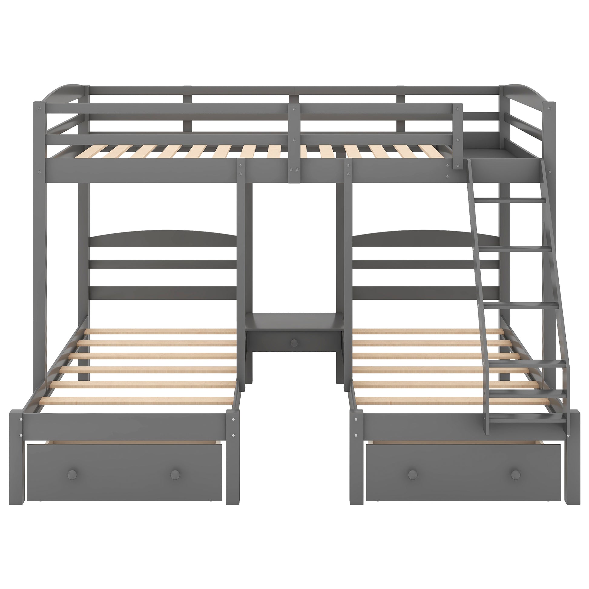 Gray twin over twin over twin bunk bed with drawers for children