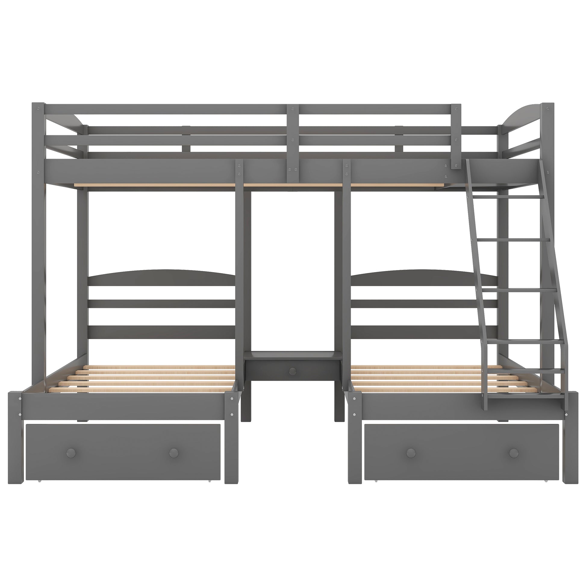 Grey Lshaped bunk bed with ladder and builtin drawers ideal for kids rooms