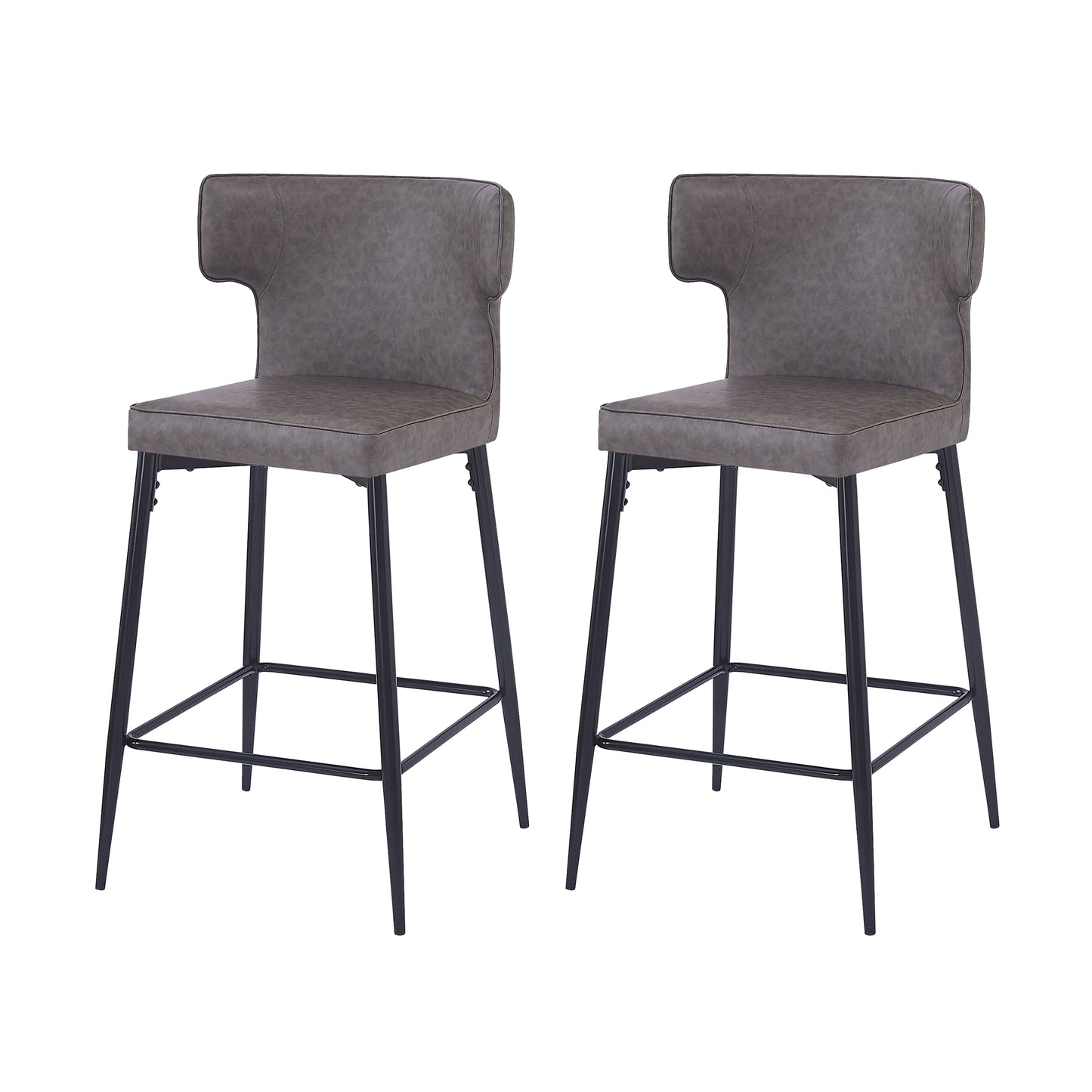 Pair of grey faux leather counter stools with black metal legs