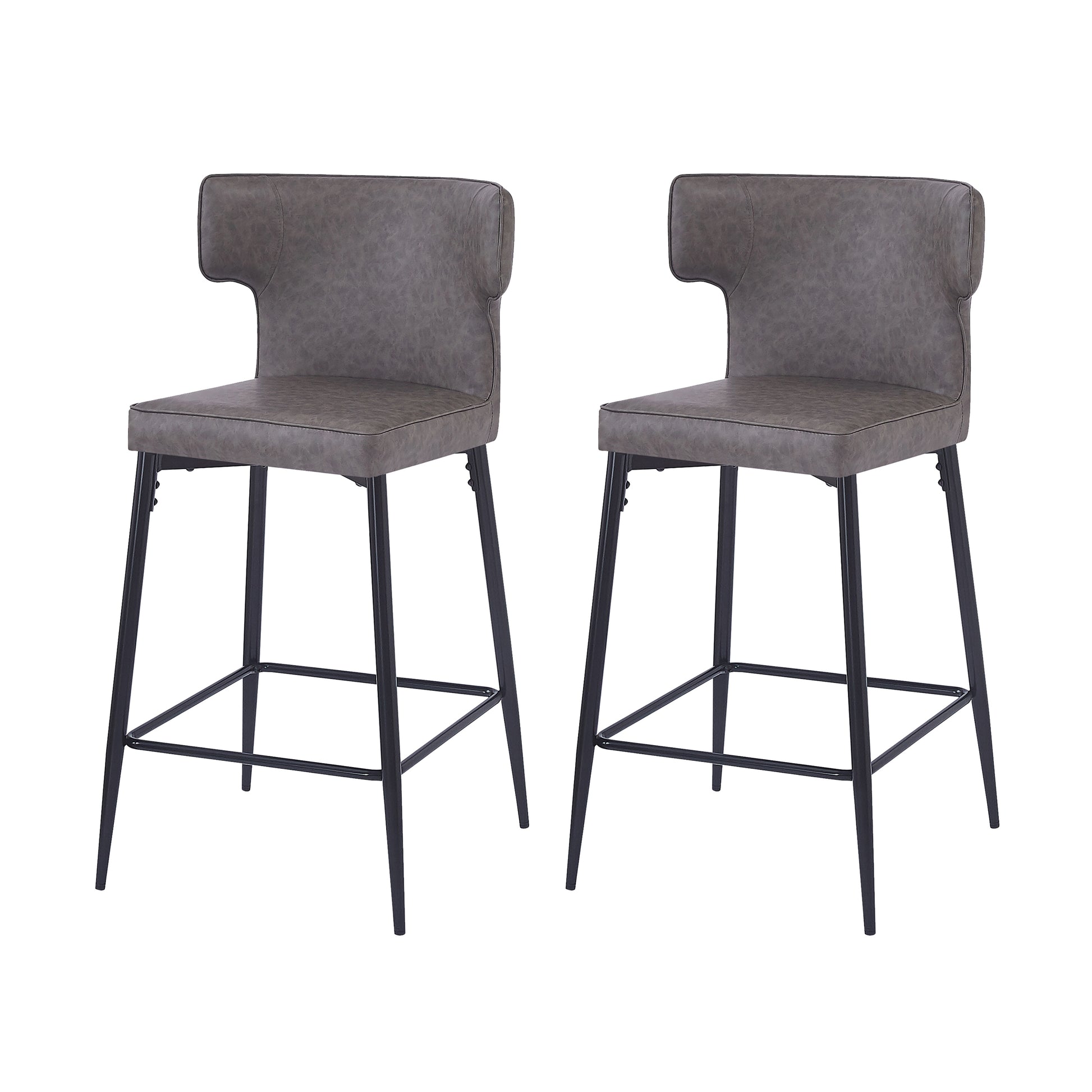 Pair of grey faux leather counter stools with black metal legs