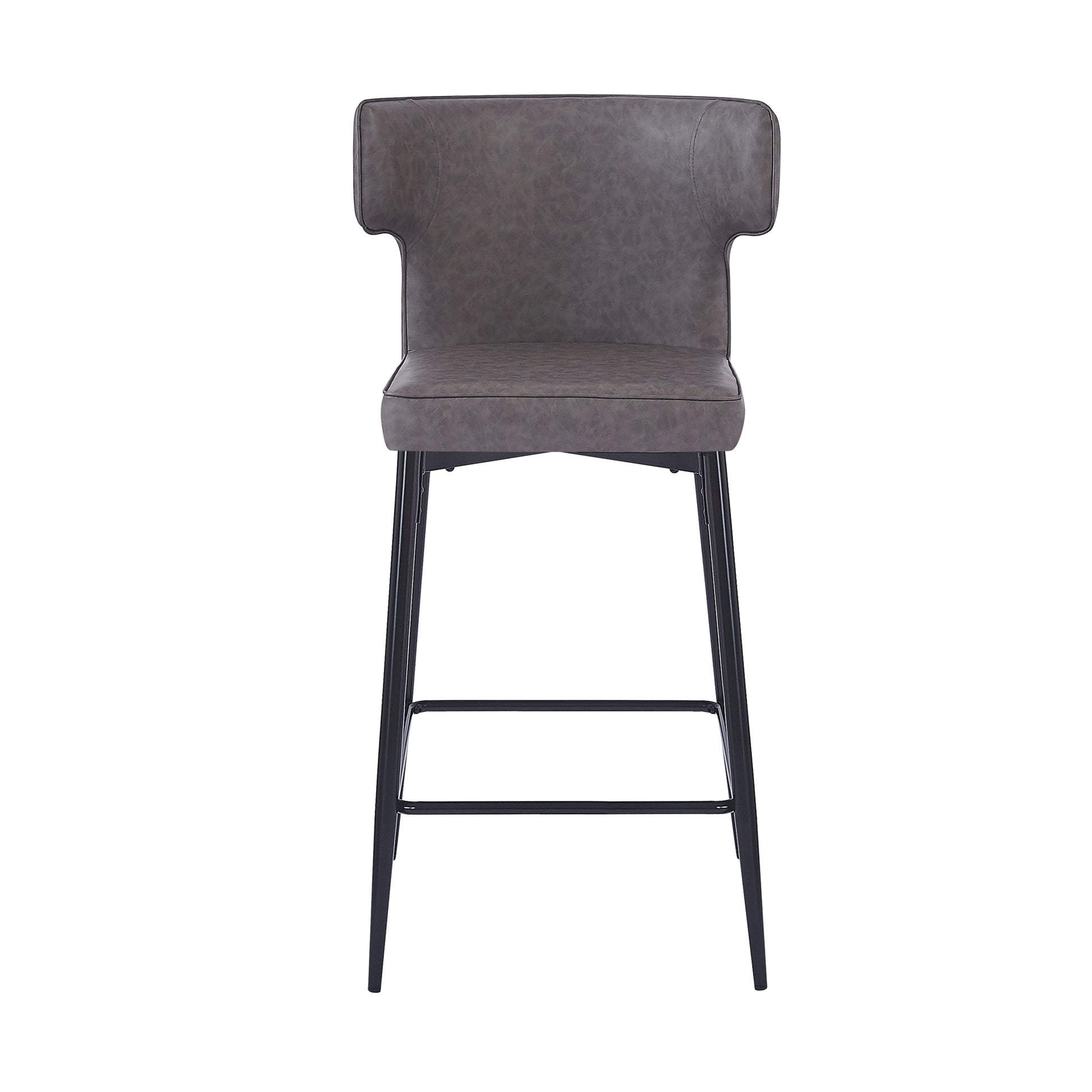 A modern gray faux leather bar stool with black metal legs and a comfortable padded seat