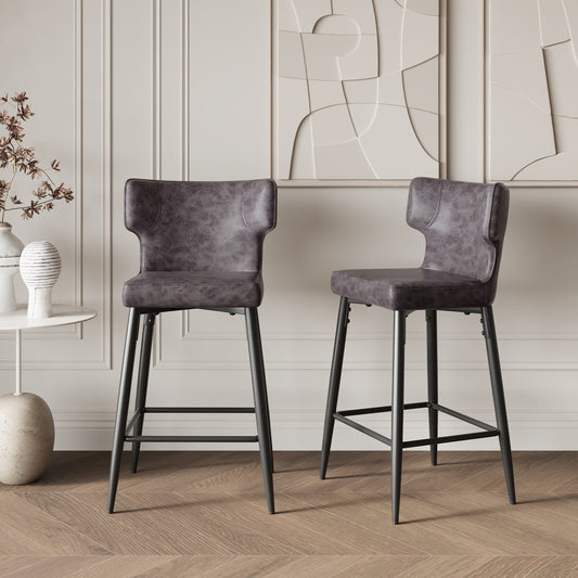 Dark grey faux leather bar stool with black metal legs and a curved back