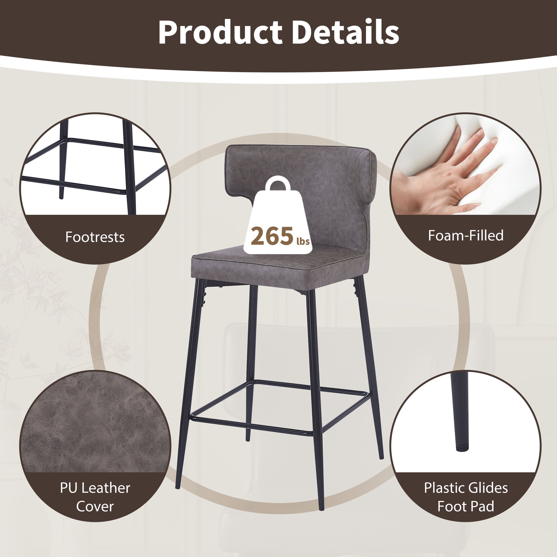 Grey PU leather bar stool with black metal frame and footrests