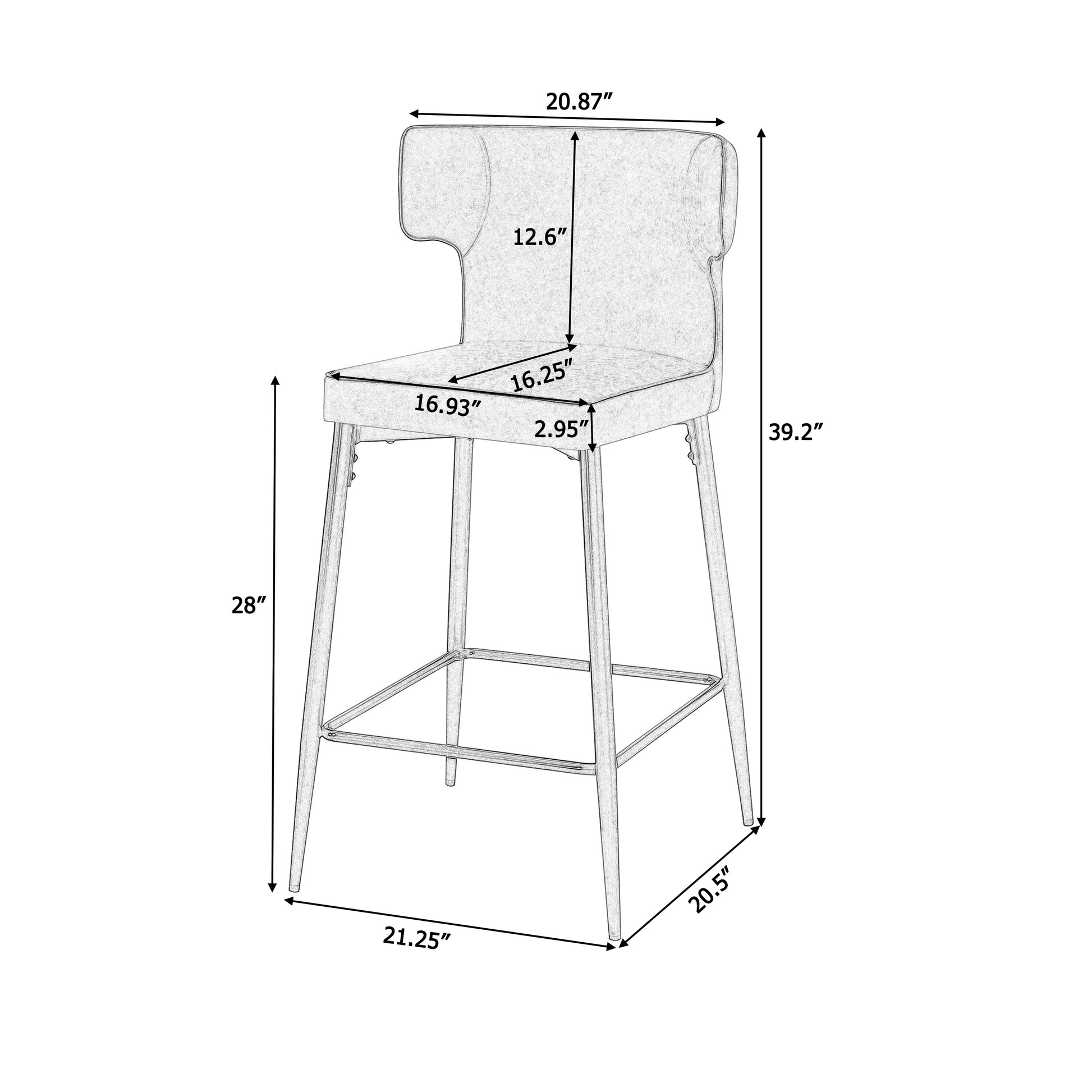 Gray upholstered counter stool with a tufted back silver metal legs and footrest
