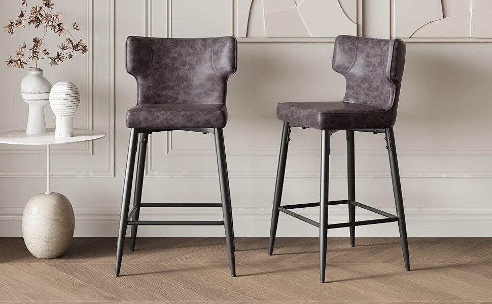 Gray faux leather bar stool with winged back and black metal legs