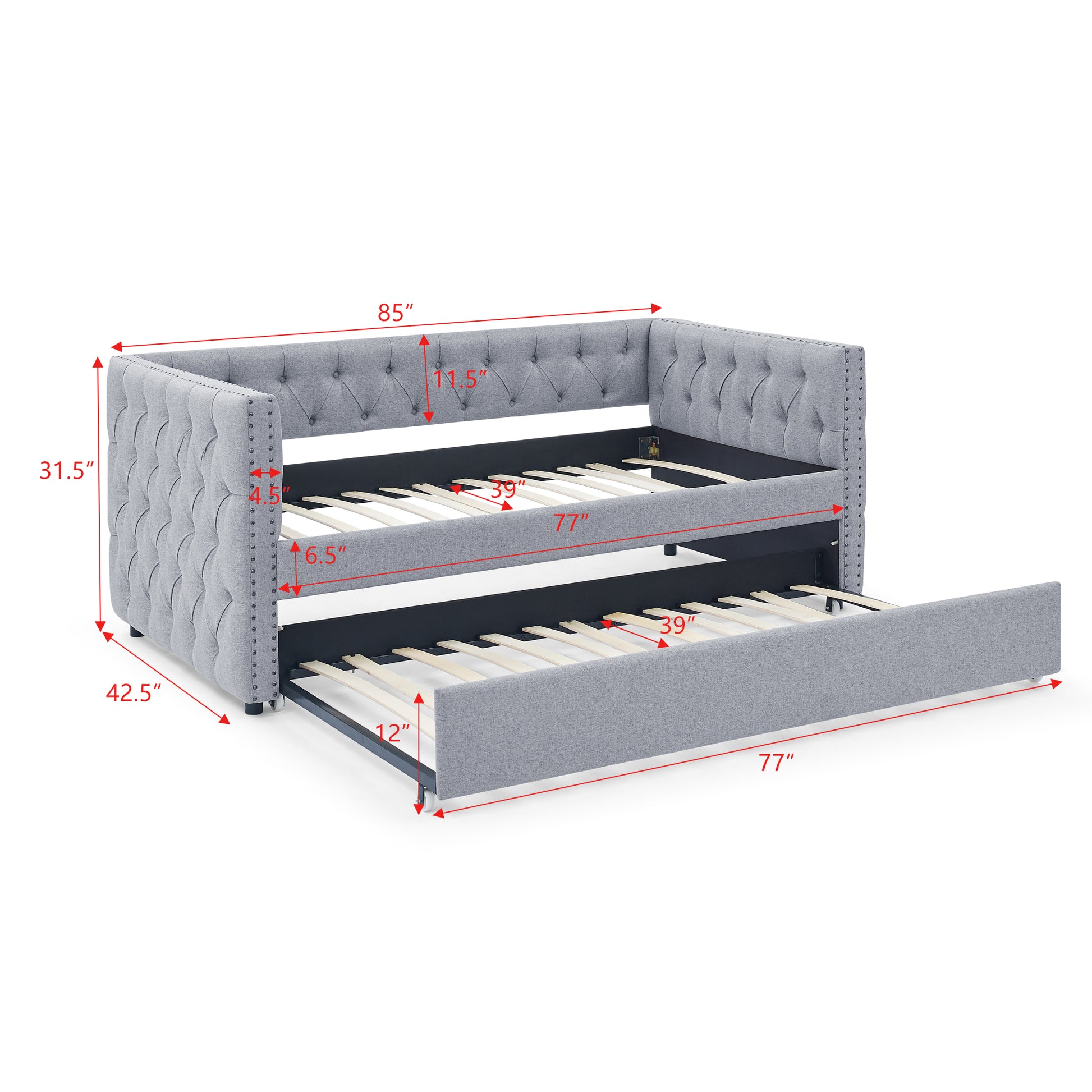 Gray tufted upholstered daybed with pullout trundle bed showcasing dimensions