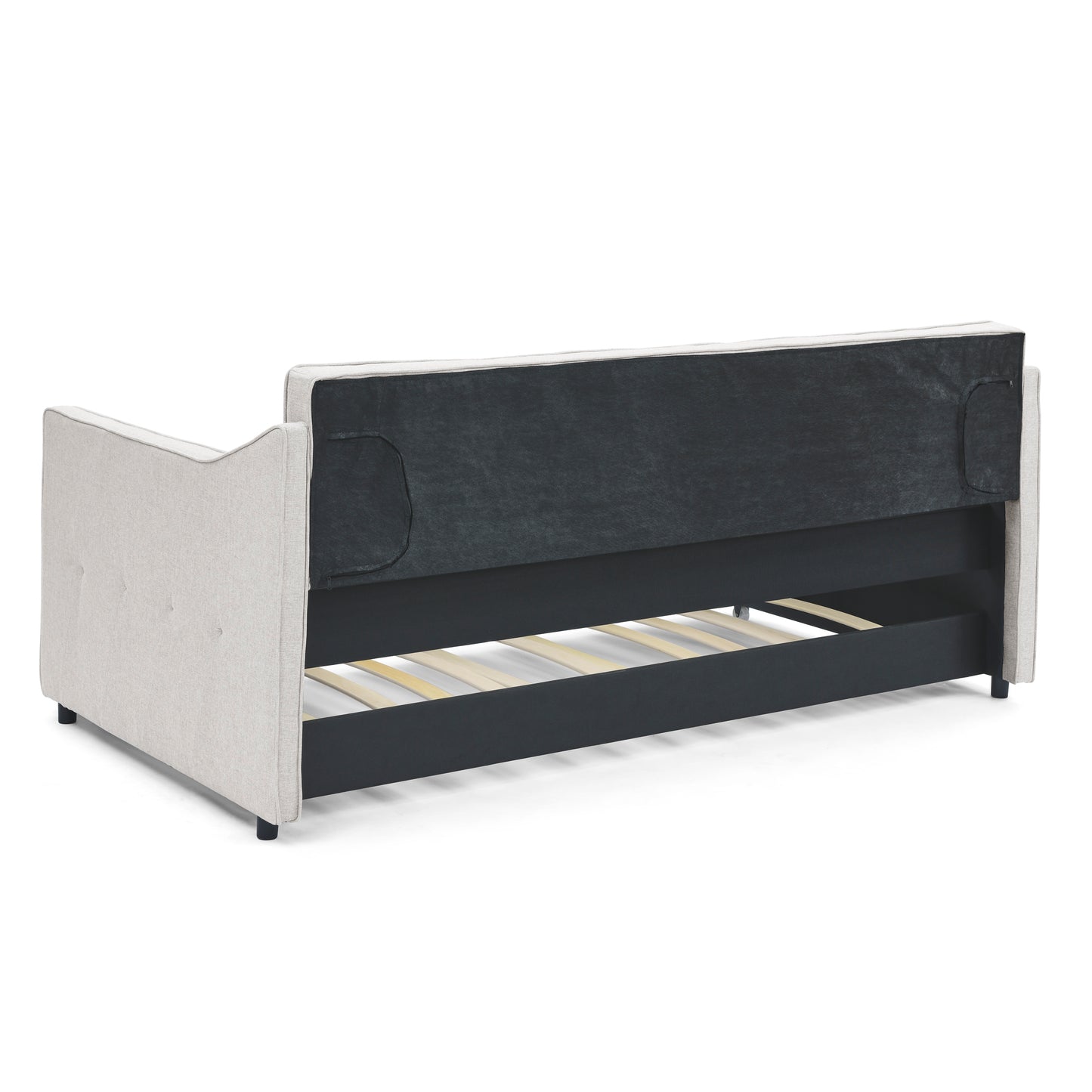 Light gray linen sofa bed with visible wooden slats and dark gray upholstery on the back