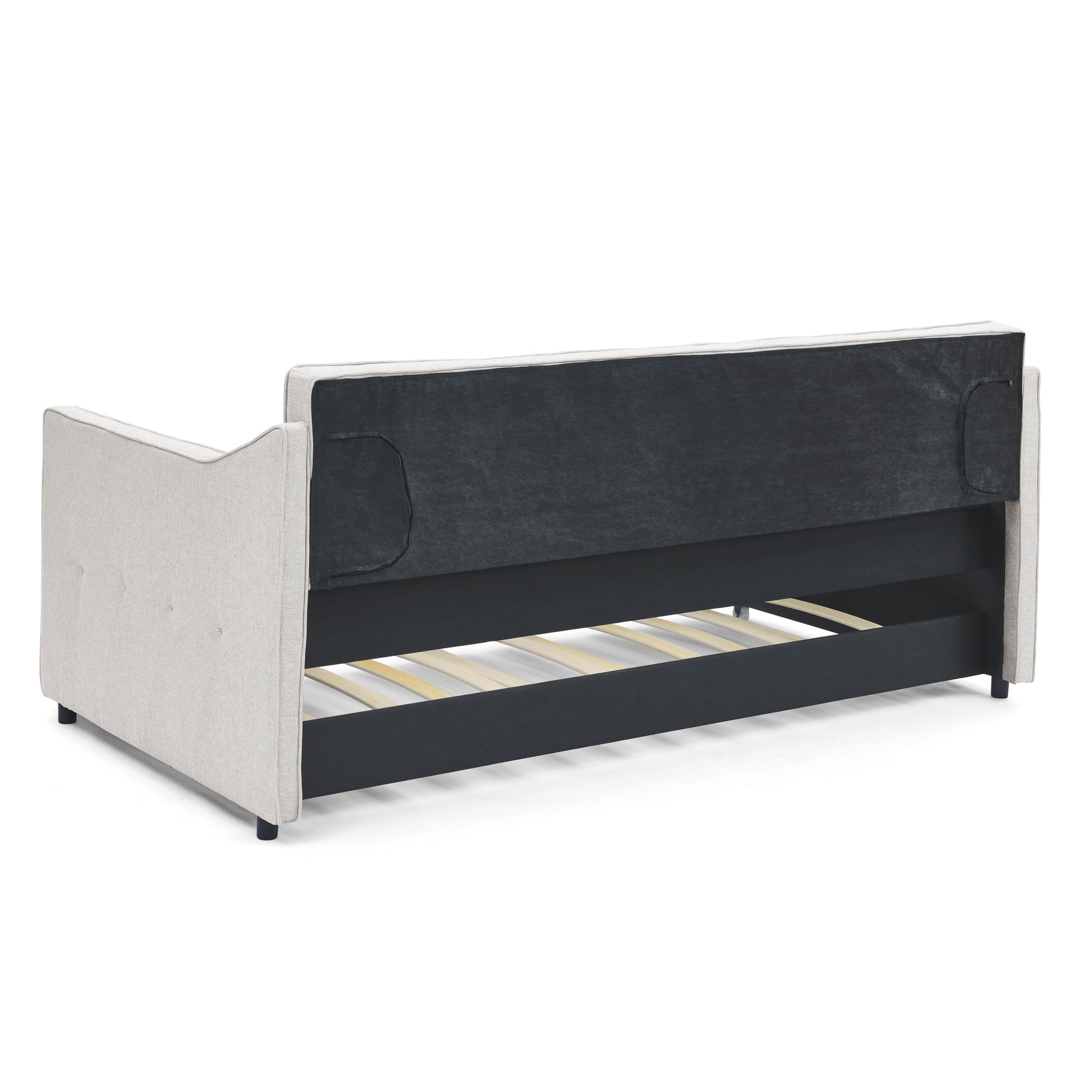 Light gray linen sofa bed with visible wooden slats and dark gray upholstery on the back