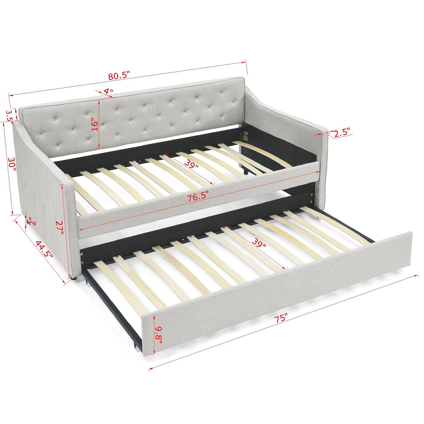 Light grey upholstered daybed with pullout trundle dimensions shown