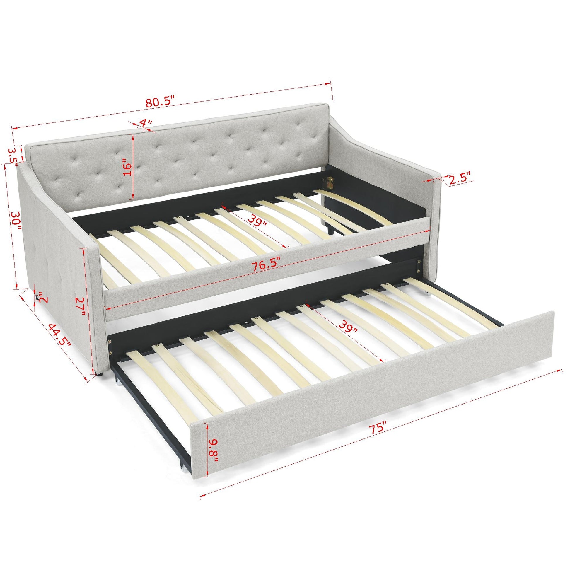 Light grey upholstered daybed with pullout trundle dimensions shown