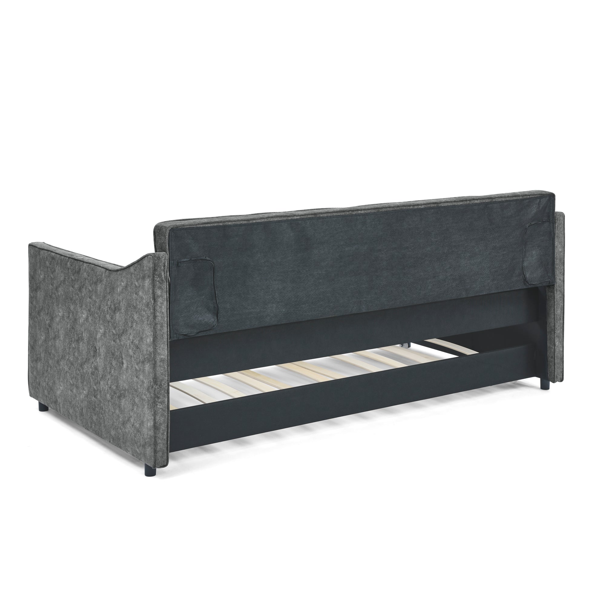 Dark grey fabric futon sofa bed with wooden slats visible from the rear view
