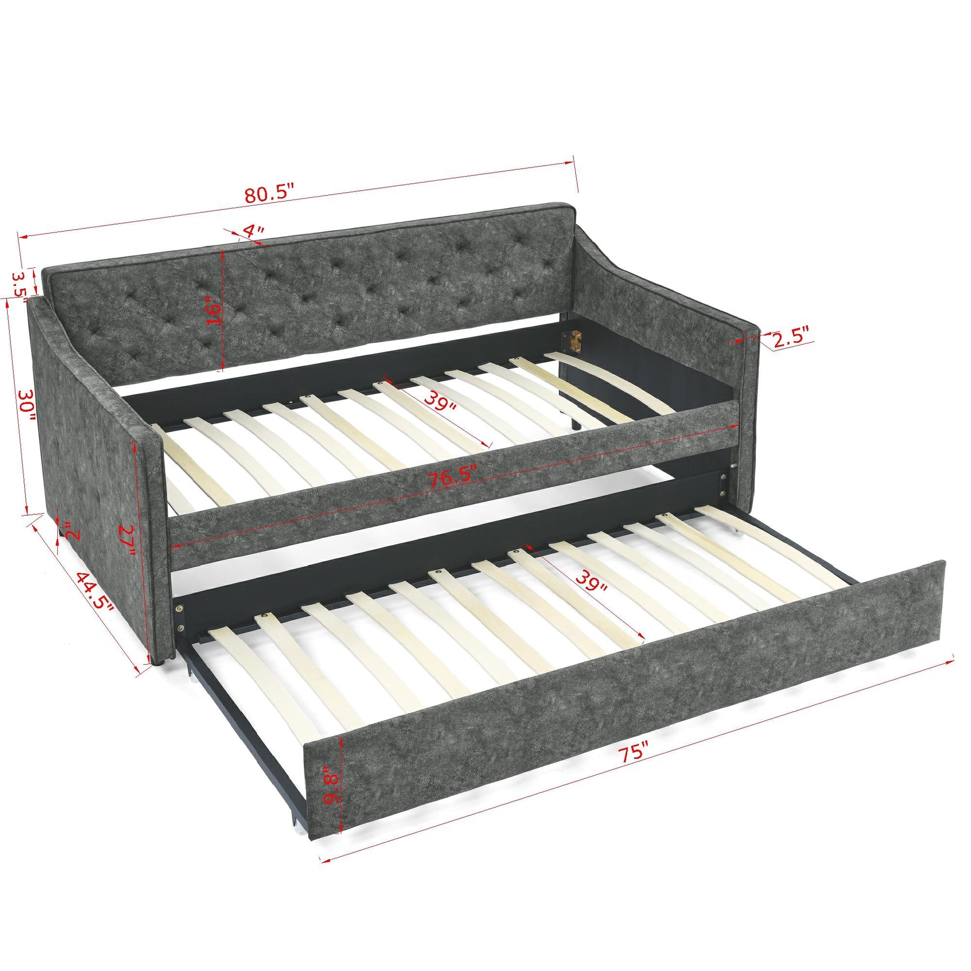 Dark gray tufted fabric daybed with trundle and dimensional markings