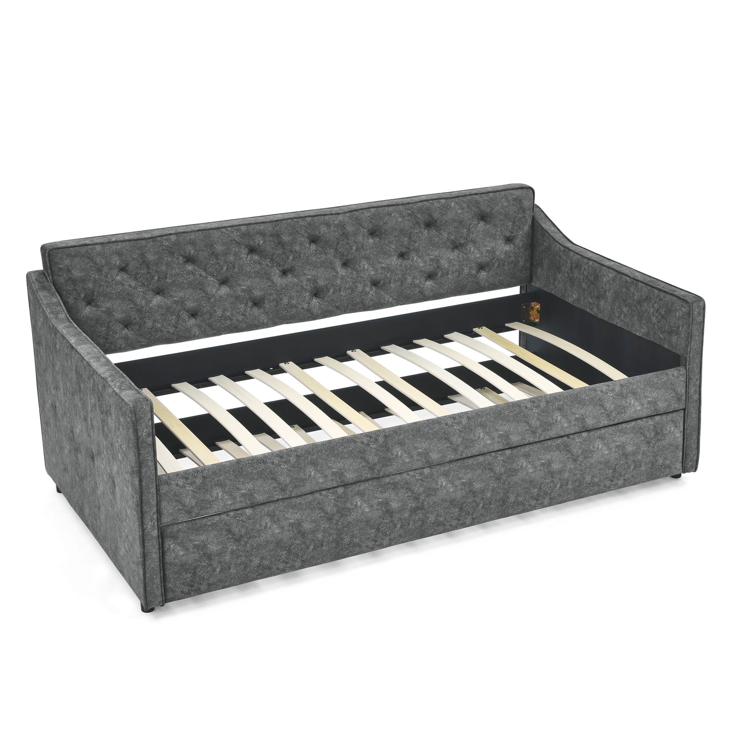 Dark gray upholstered daybed with tufted back and wooden slats for mattress support