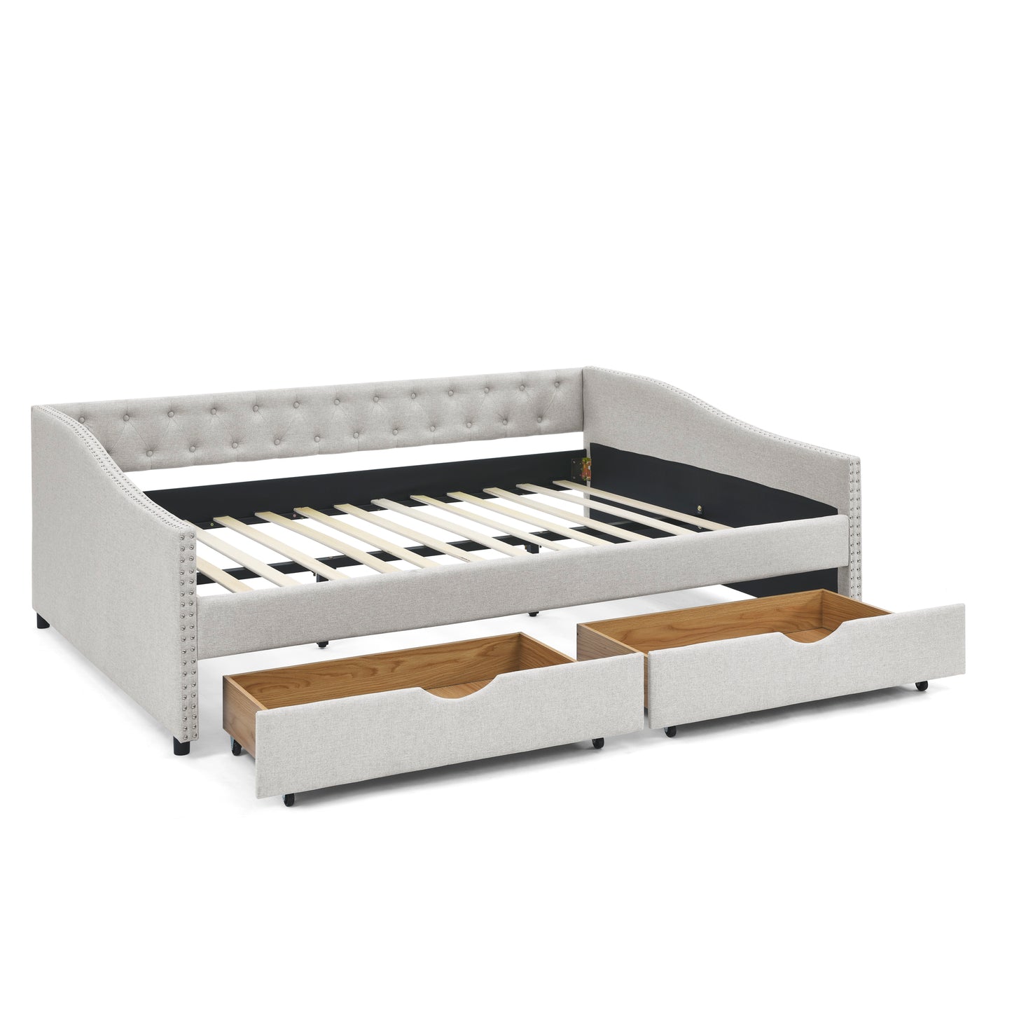Light gray upholstered daybed with tufted back and two pullout storage drawers