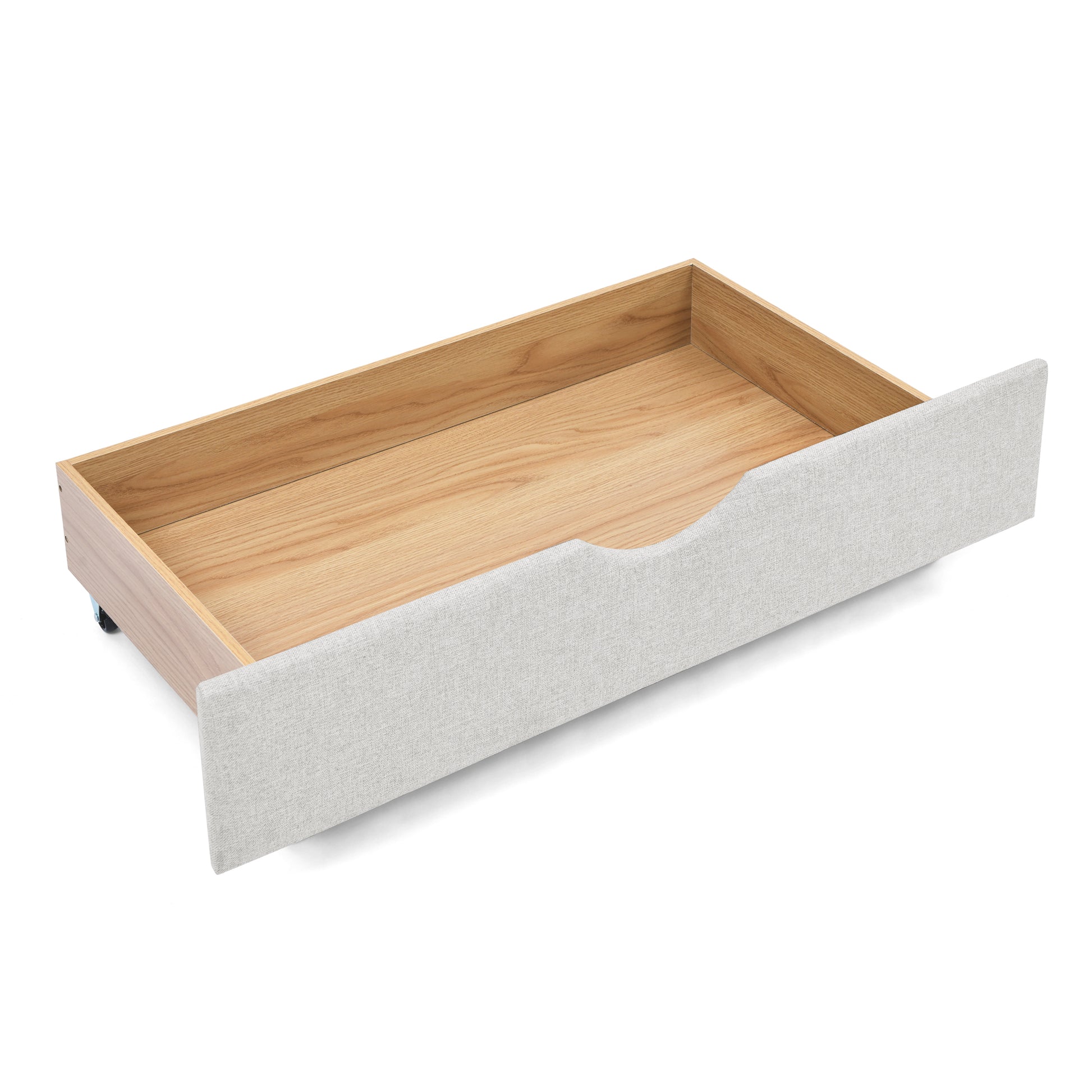 Open upholstered storage drawer with wooden interior and wheels