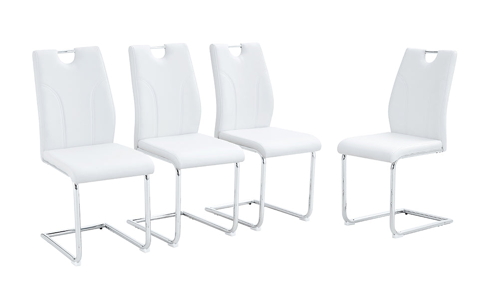 Set of four white faux leather dining chairs with chrome sled legs