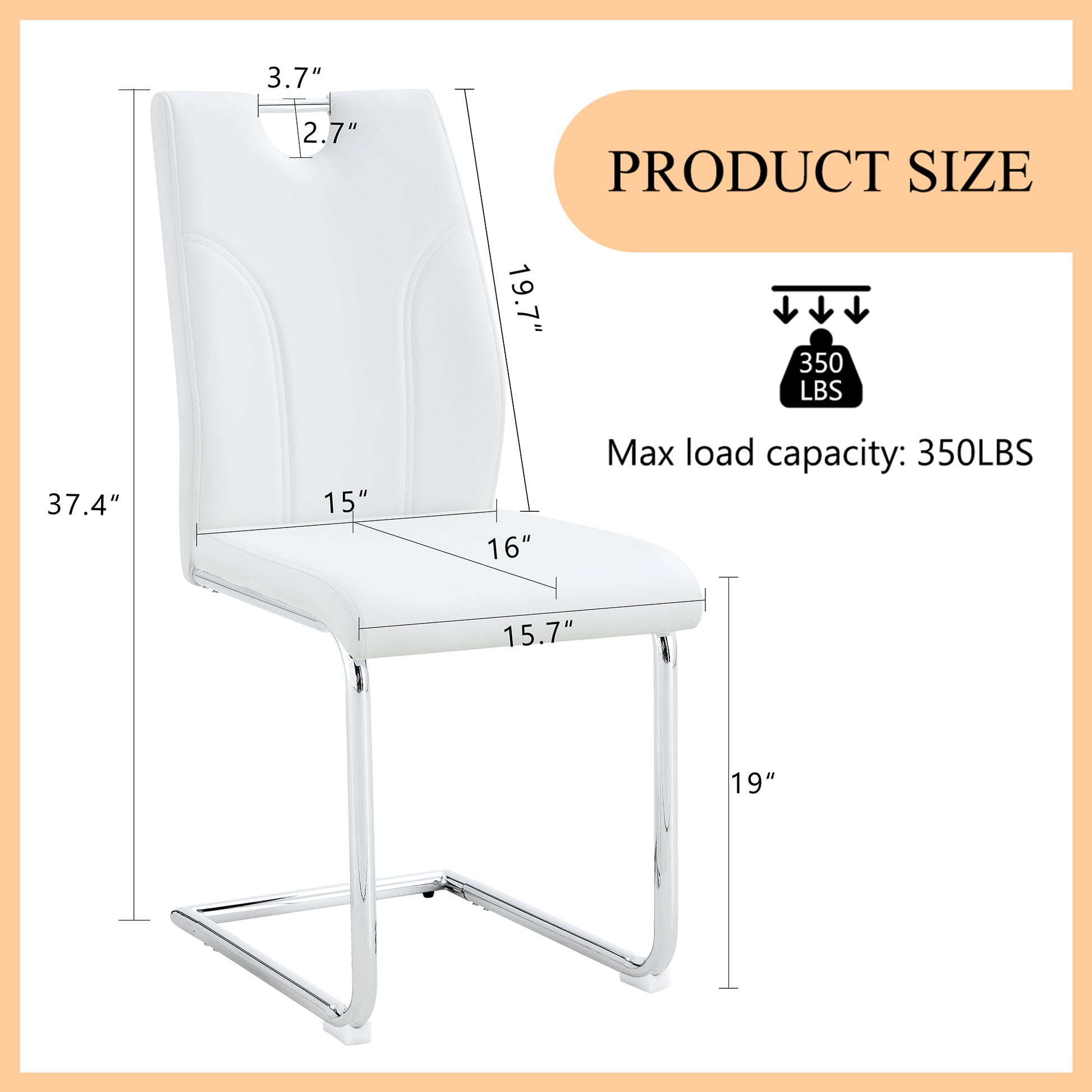 White faux leather cantilever chair with chrome legs  height