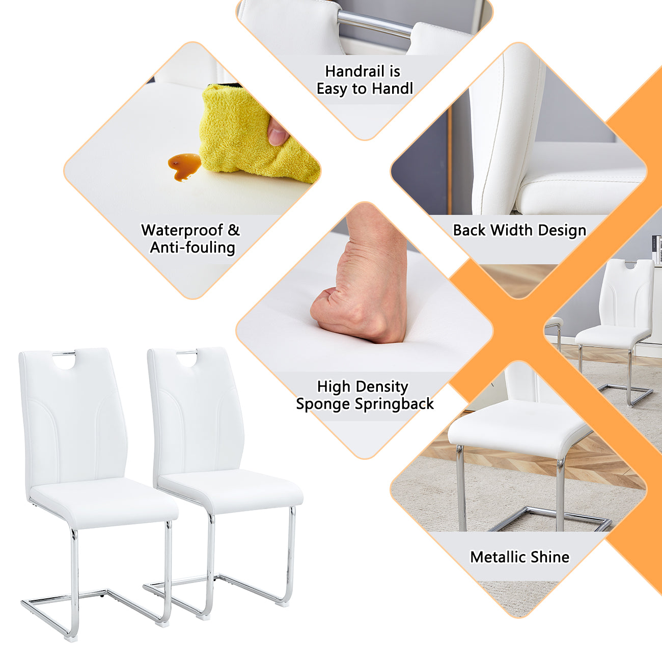 Two white faux leather dining chairs with chrome sled legs