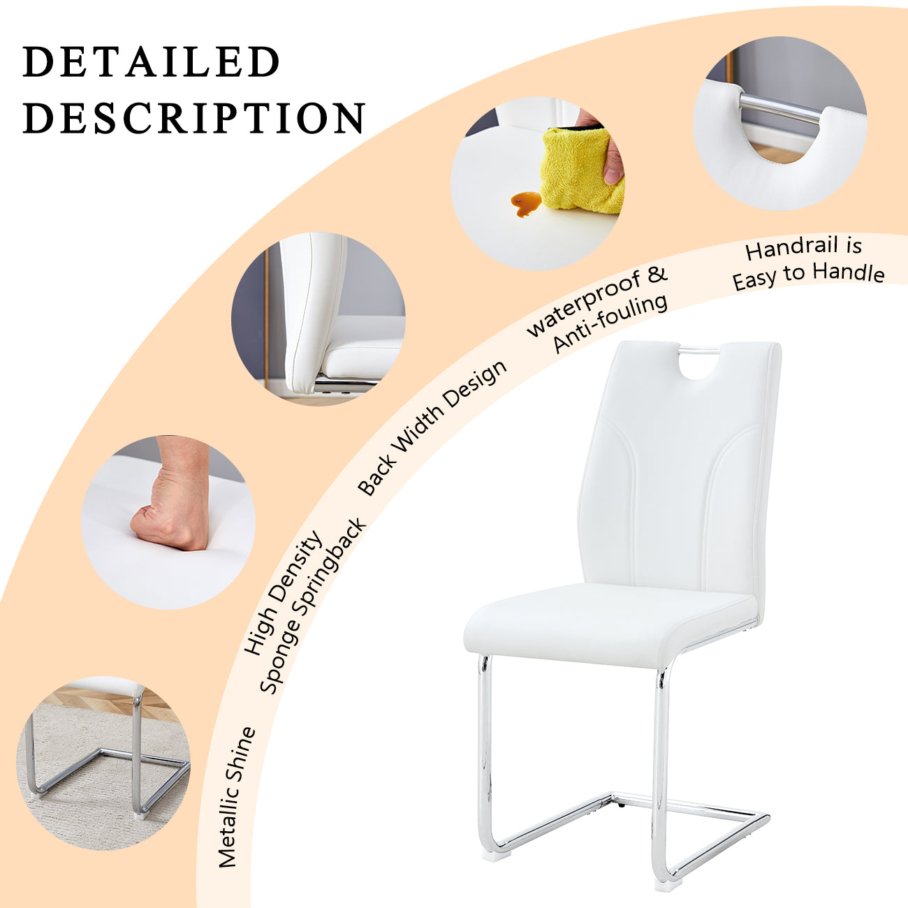White modern dining chair with chrome cantilever base