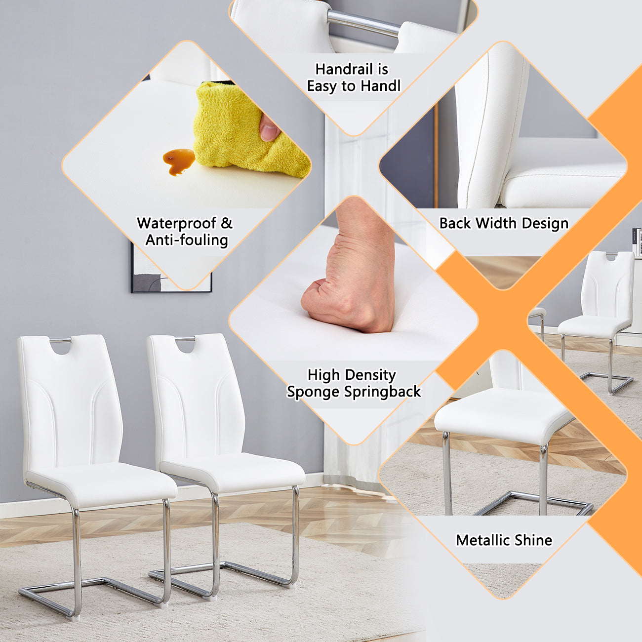 Two white dining chairs with chrome sled legs on a rug