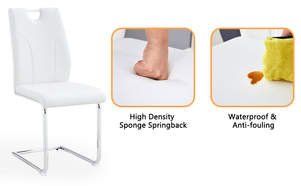 White faux leather dining chair with chrome cantilever legs showing high density sponge springback