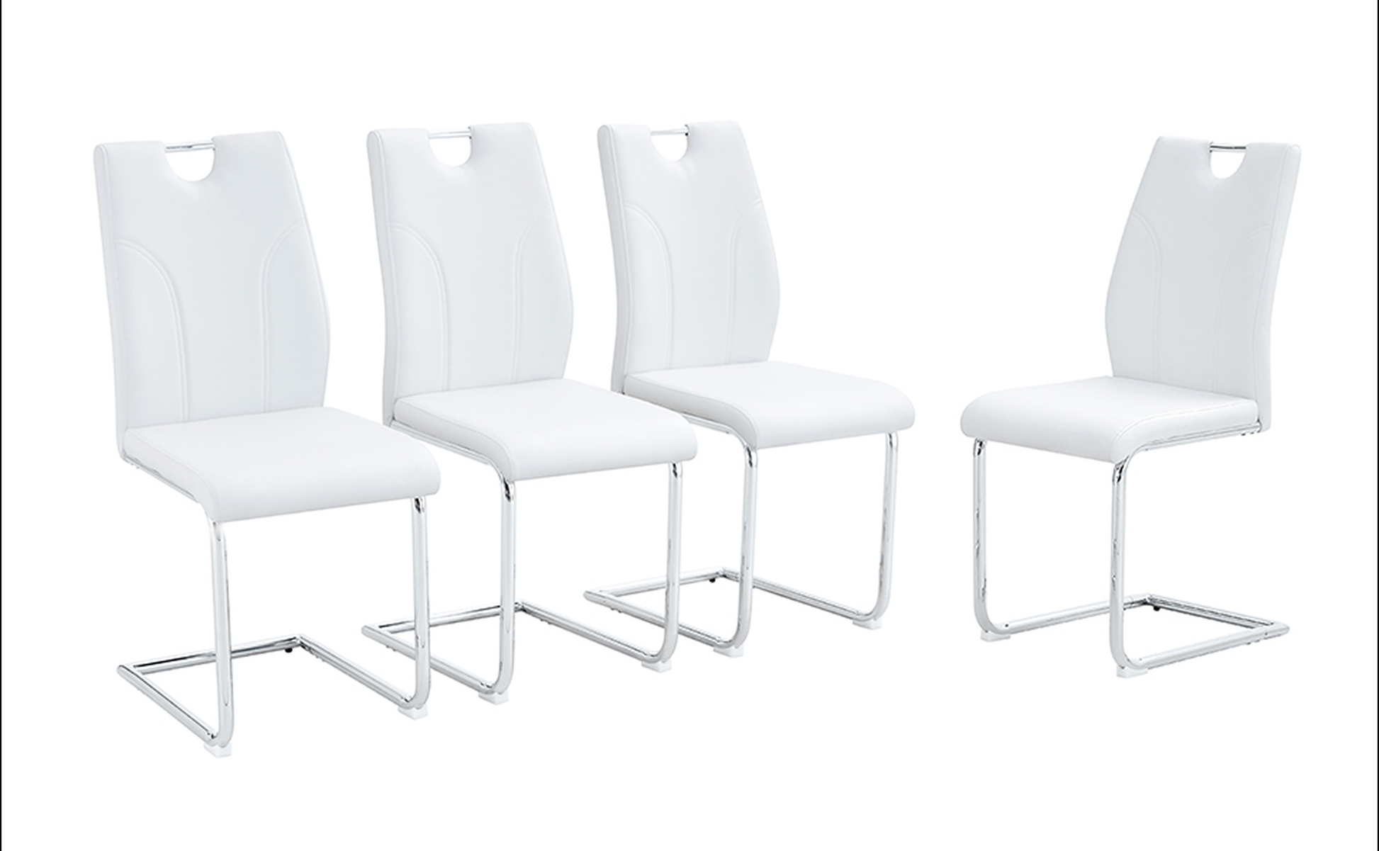 Set of four modern white faux leather dining chairs with chrome sled legs