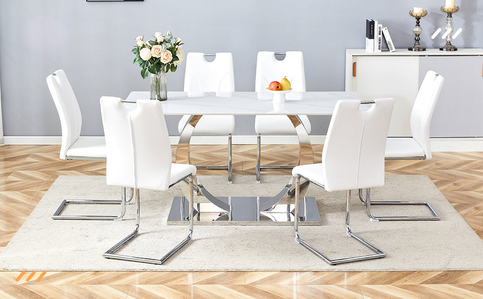 White faux leather dining chairs with chrome sled bases