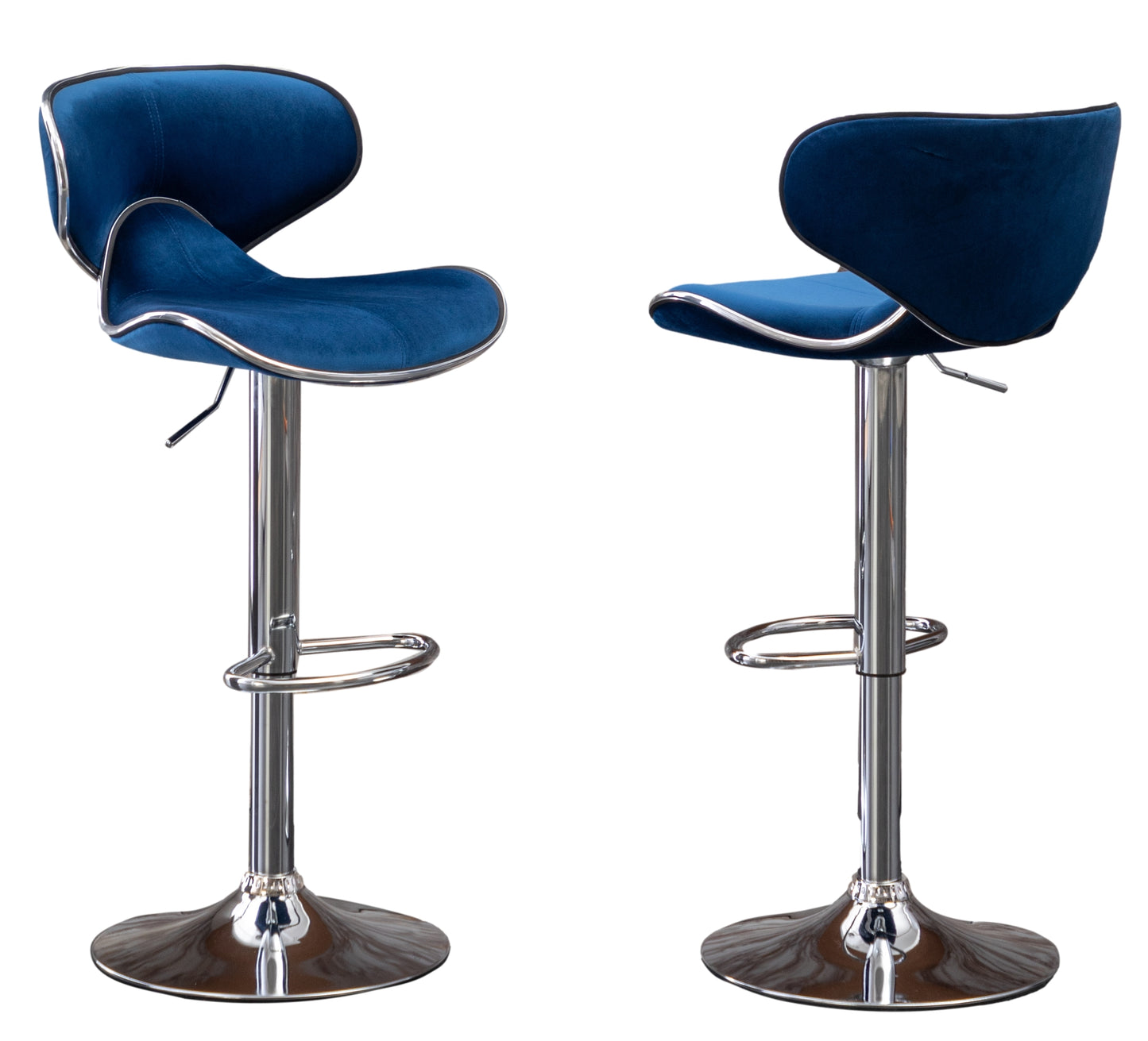 Deep blue velvet bar stool with chrome accents and adjustable height