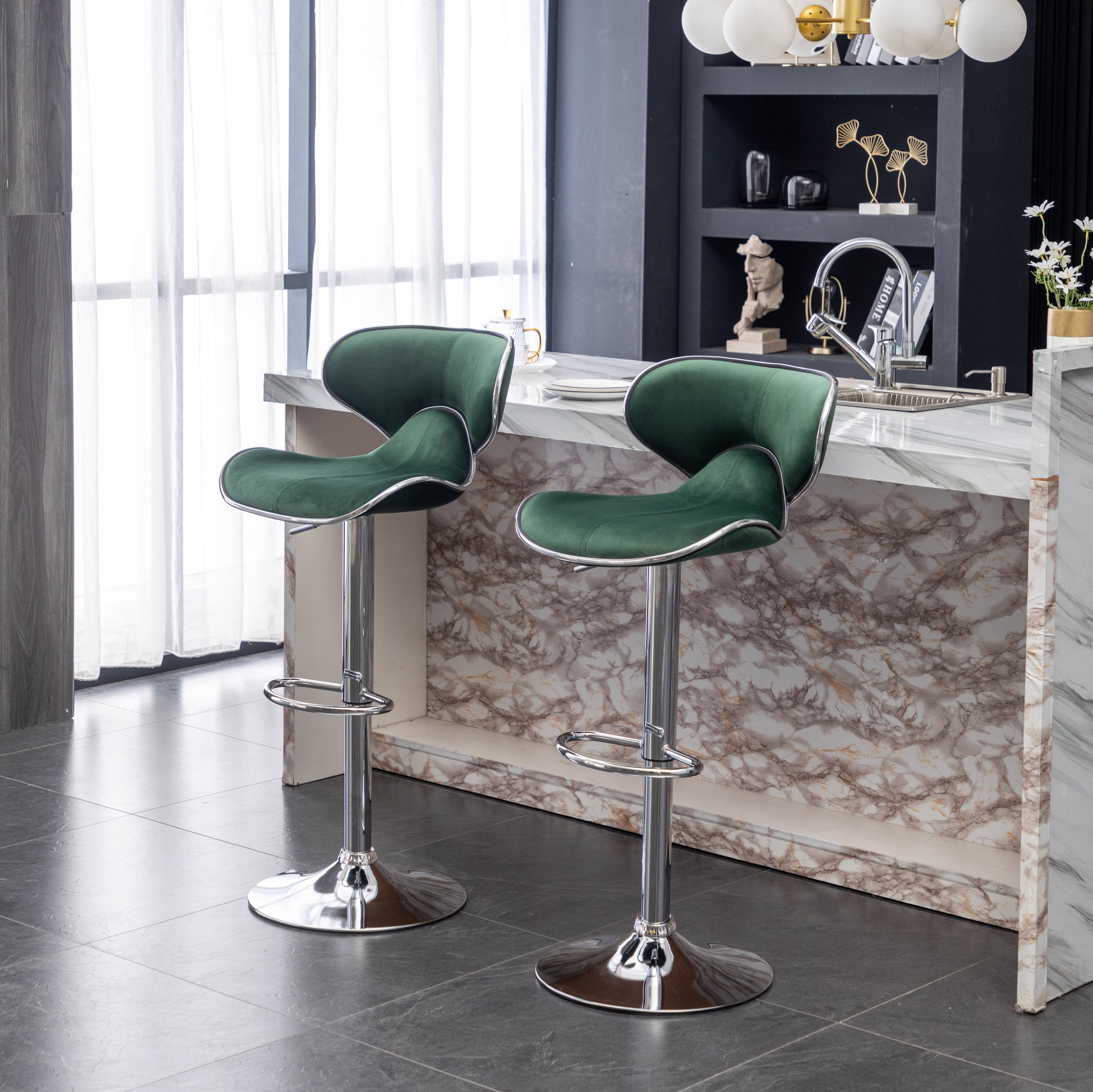 Emerald green velvet bar stool with chrome base