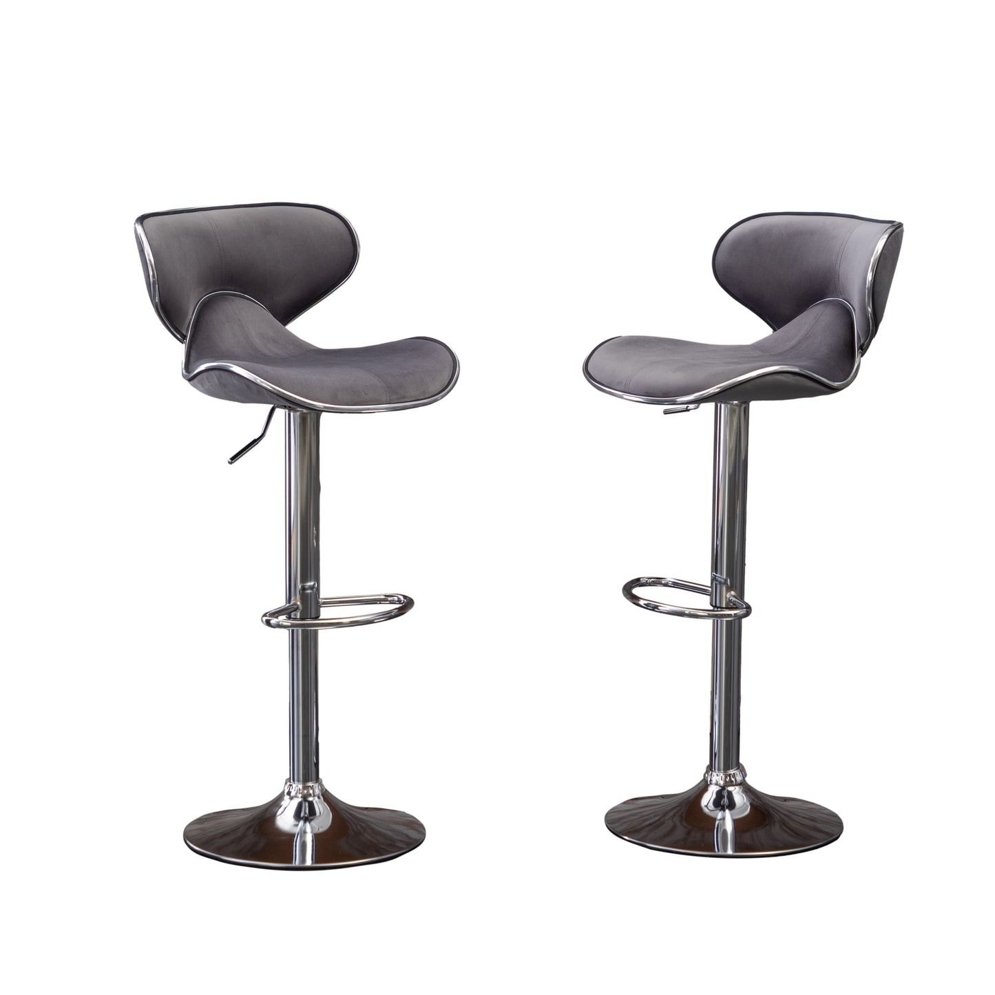 Two modern grey upholstered bar stools with chrome bases and footrests