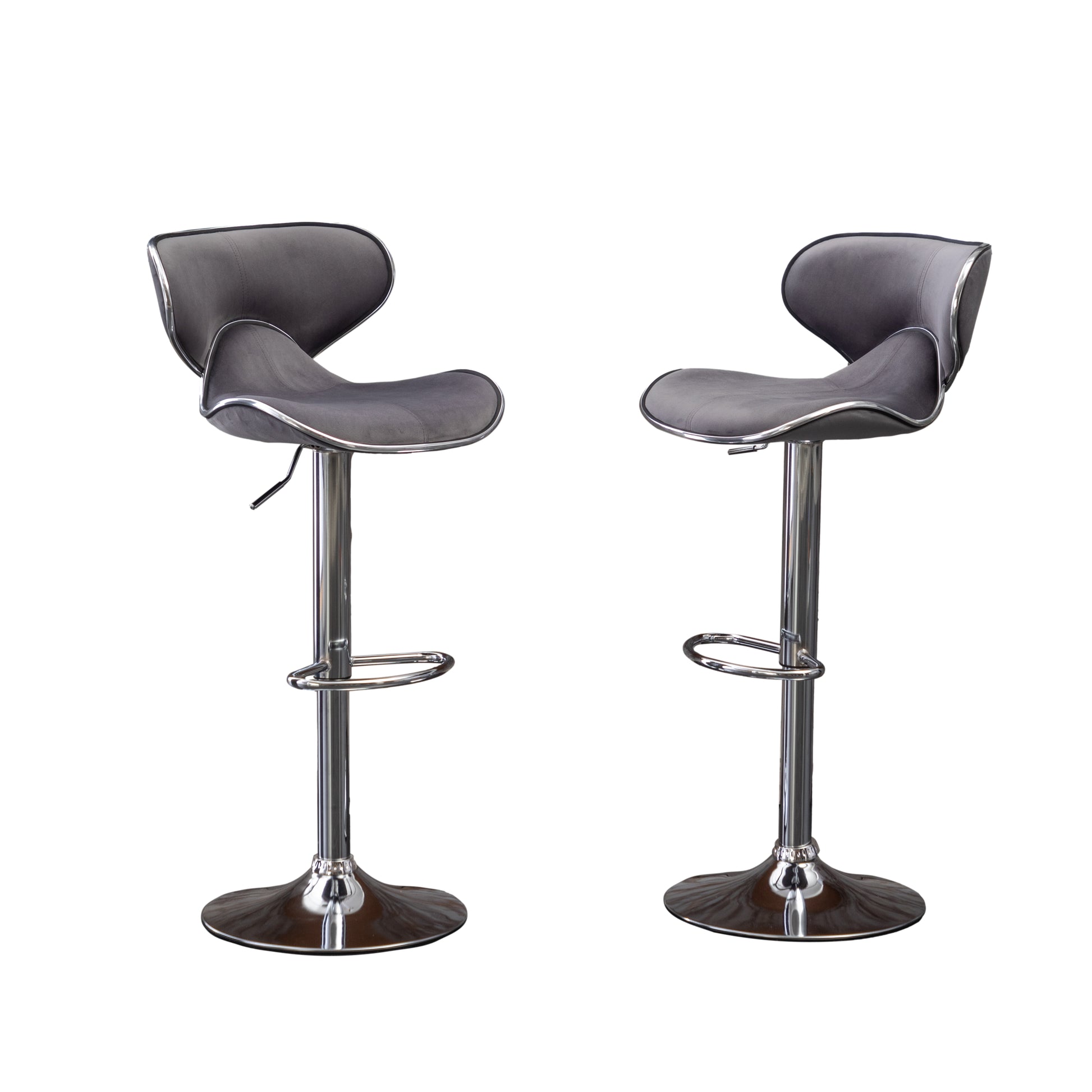 Two modern grey upholstered bar stools with chrome bases and footrests