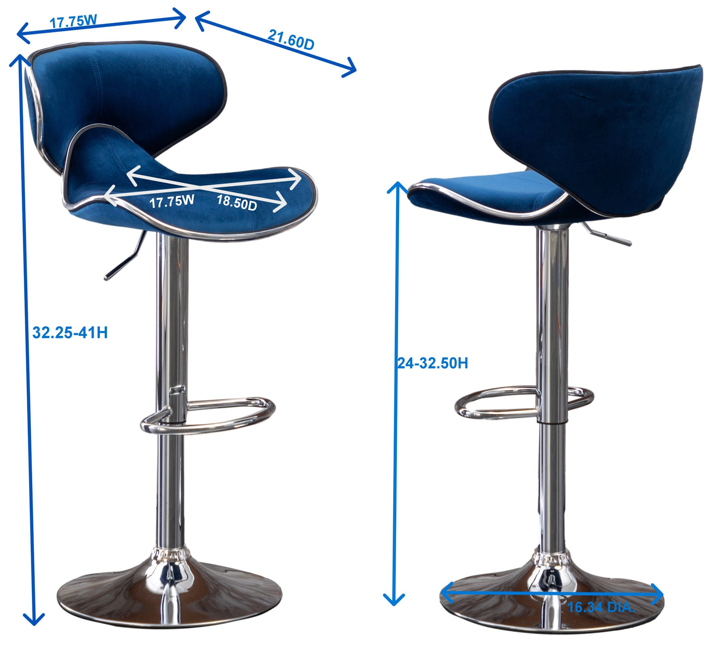 Adjustable navy velvet bar stool with chrome accents and a circular base