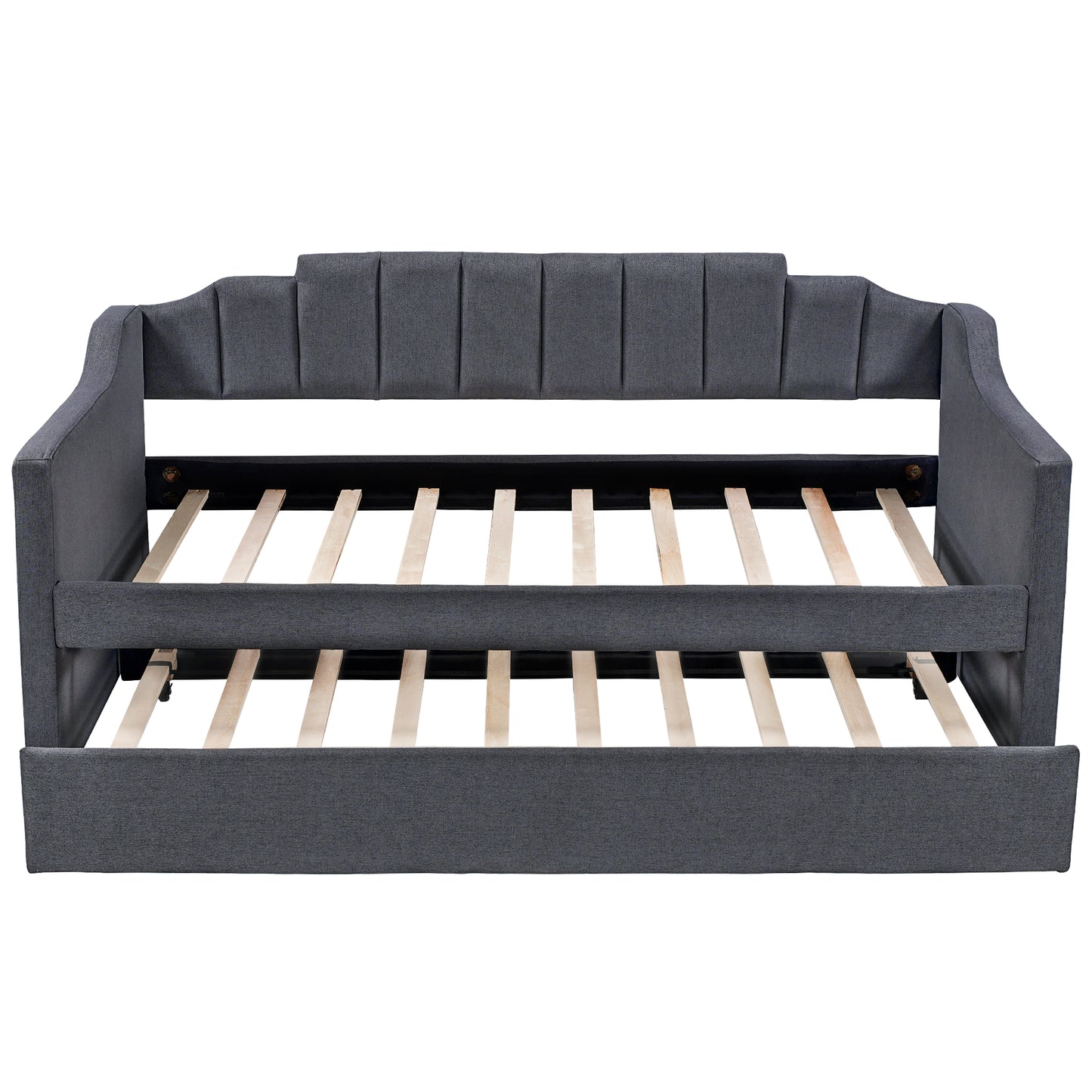 Dark gray upholstered daybed with channeled backrest and pullout trundle