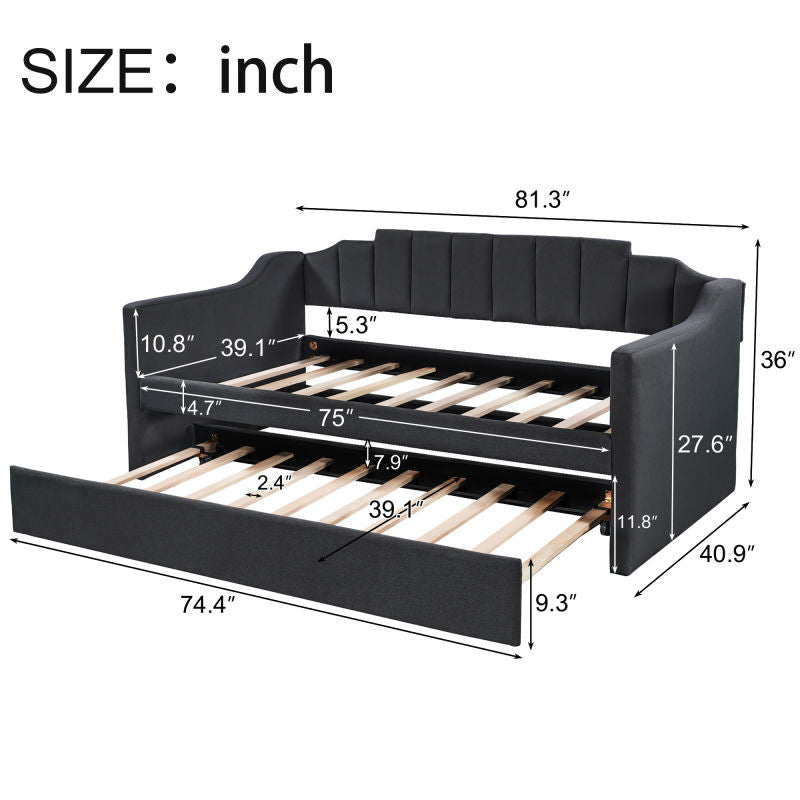 Diagram of a charcoal grey fabric daybed with dimensions shown for length width and height