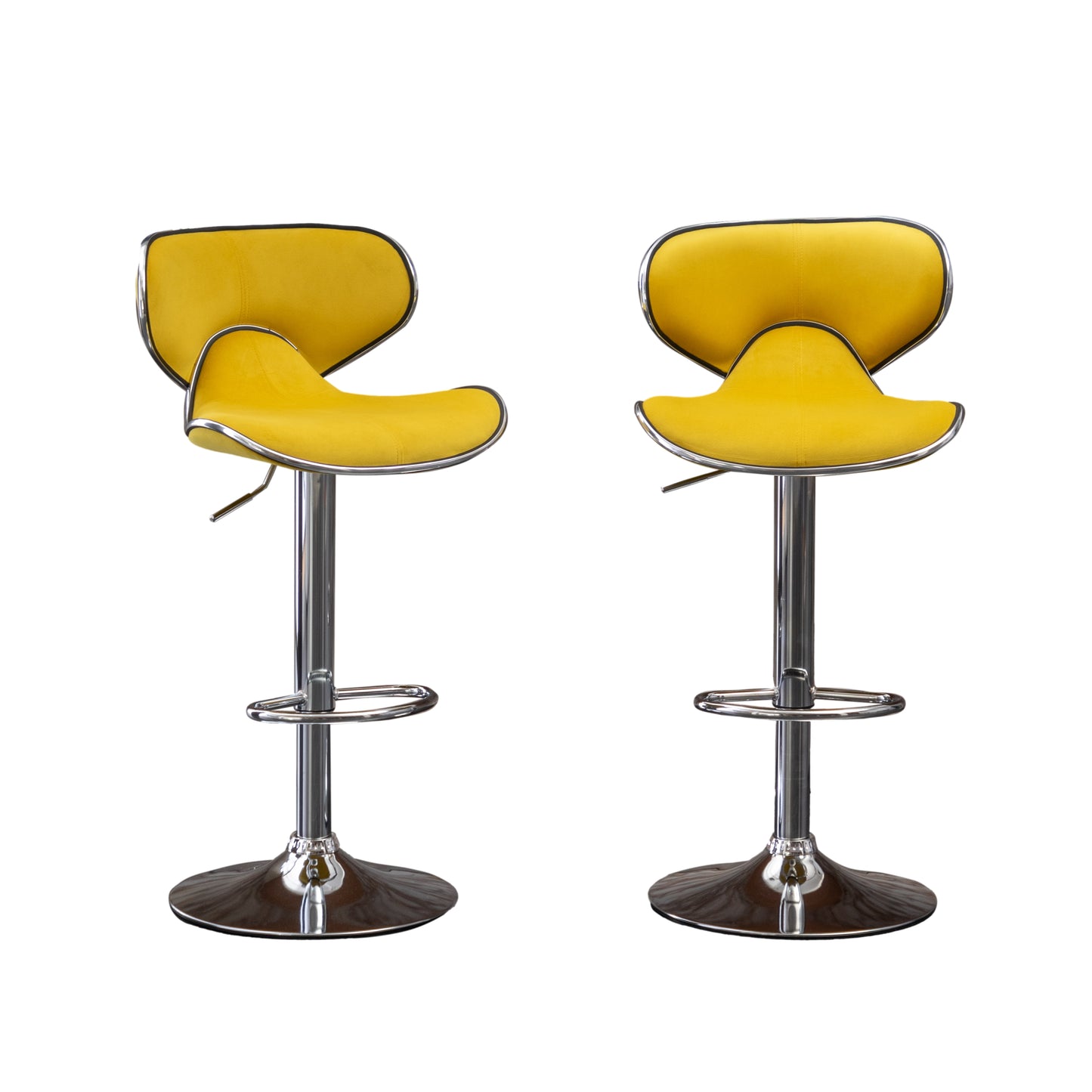 Two yellow velvet bar stools with chrome bases and adjustable heights