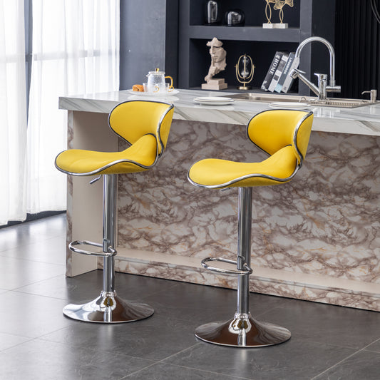 Yellow velvet bar stool with chrome accents and adjustable height