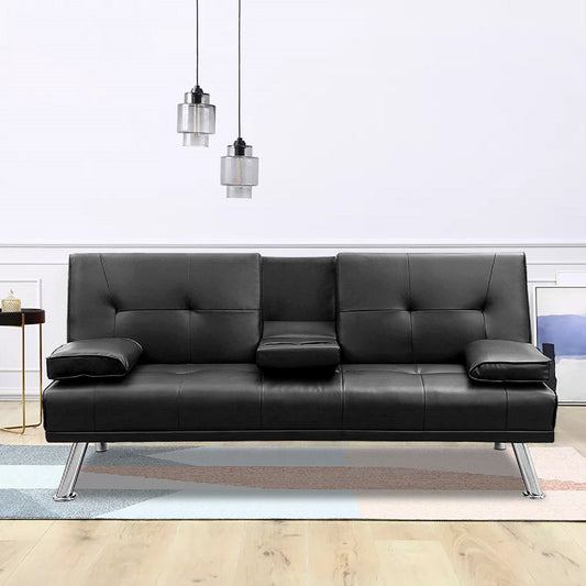 TREATLIFE HOME Futon Sofa Bed, Modern Convertible Folding Lounge Sofa with 2 Cup Holders and Sturdy Metal Legs, Black